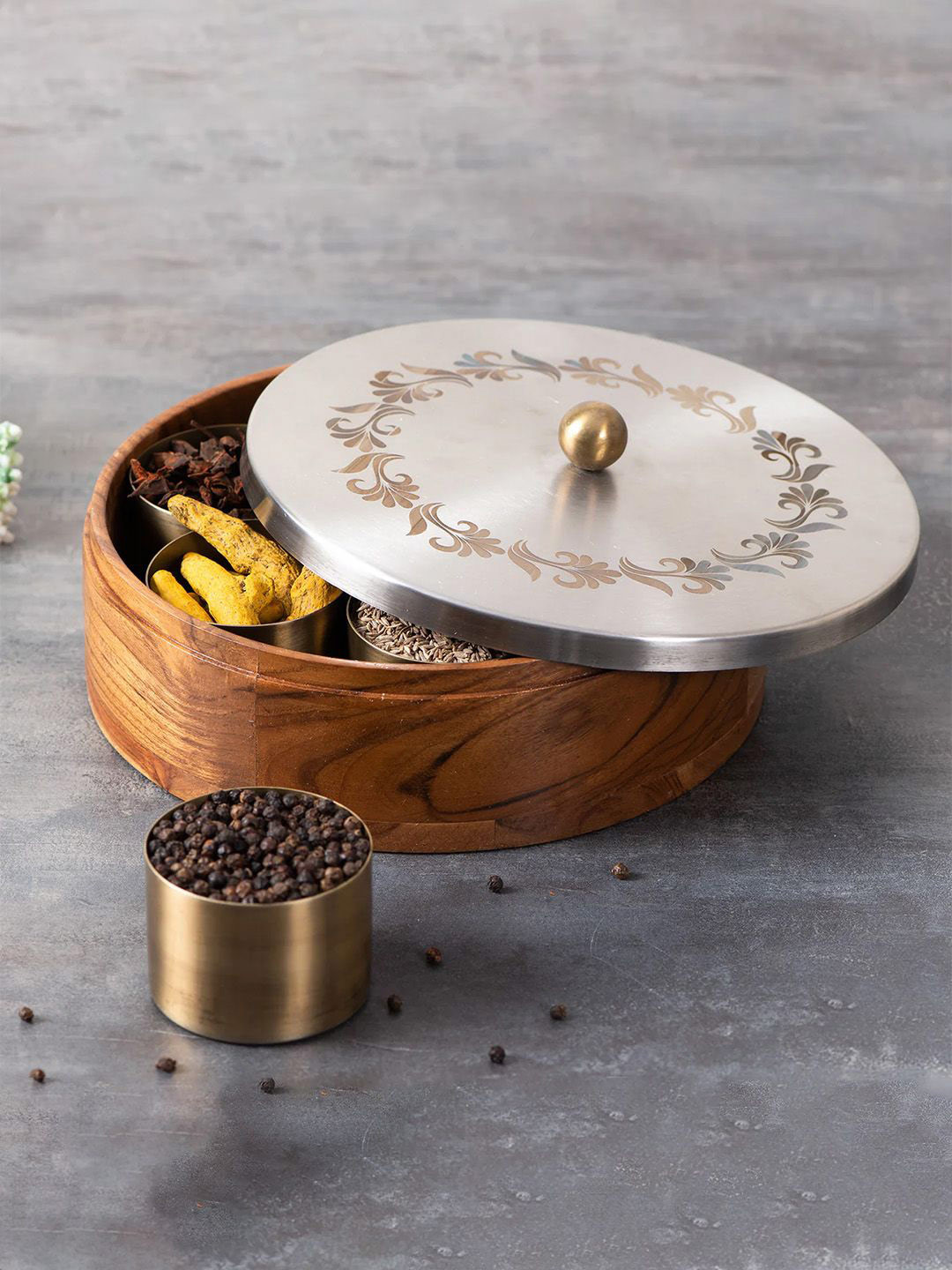 nestroots Silver Wooden Spice Masala Box