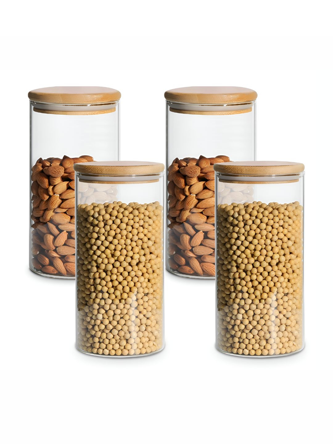 Allo Set of 4 Round Borosilicate Airtight Glass Storage Jar with Wooden Lid 1000ML