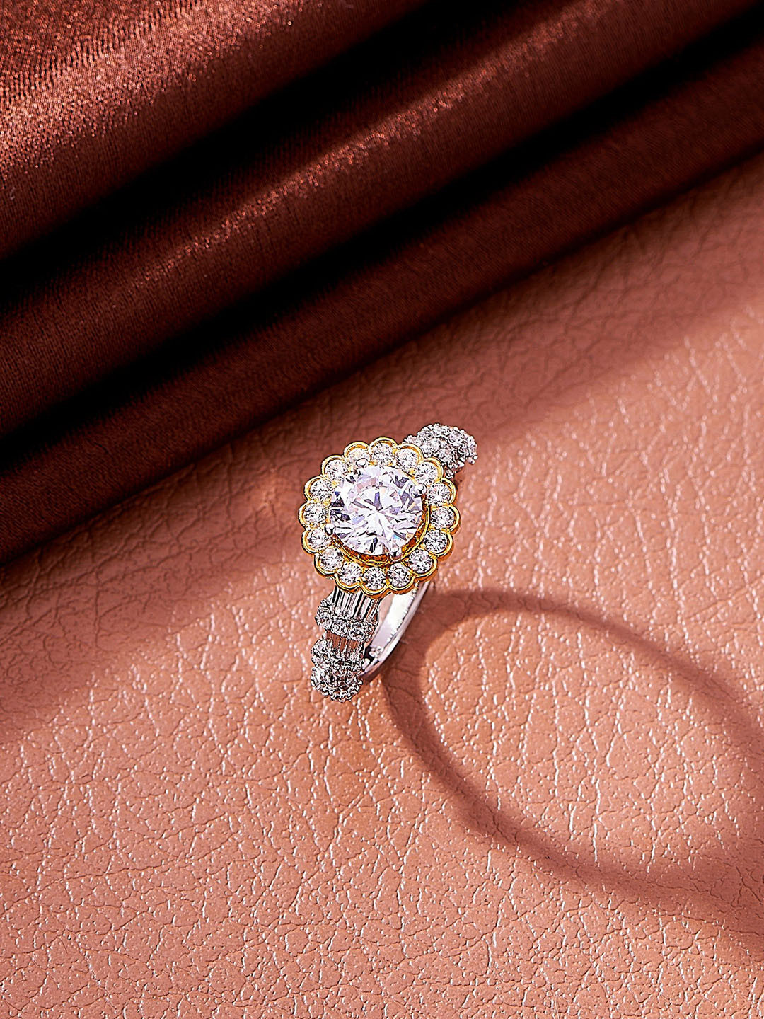 Nipura 925 Sterling Silver Rhodium-Plated CZ Studded Floral Halo Solitaire Finger Ring