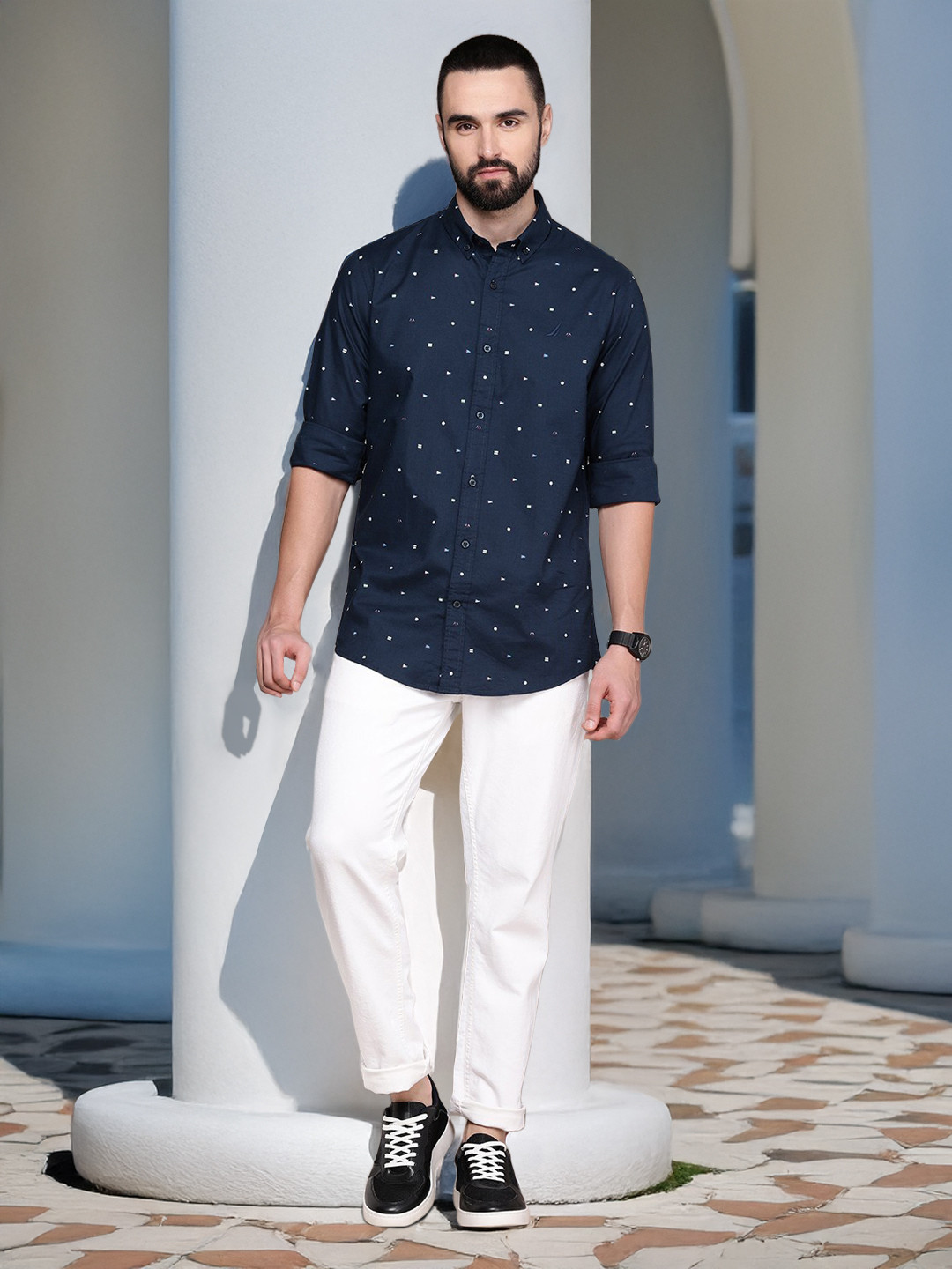 Nautica Conversational Printed Button-Down Collar Classic Fit Casual Shirt