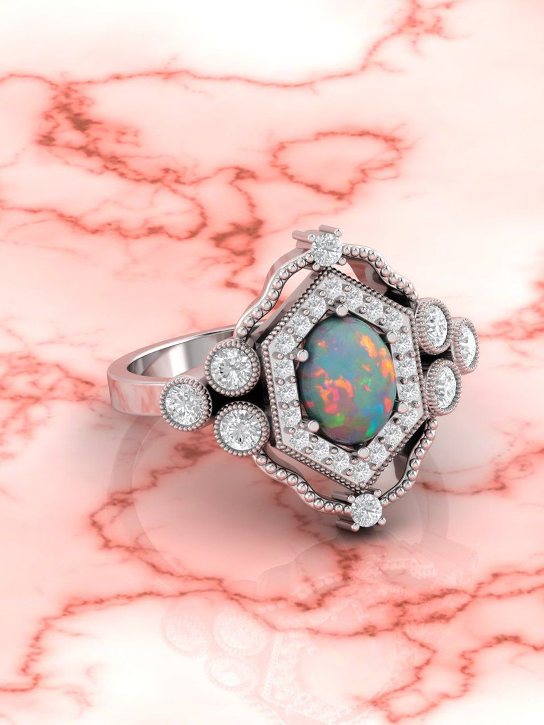 LMDPRAJAPATIS  925 Sterling Silver Sliver Plated Opal Studded Finger Ring