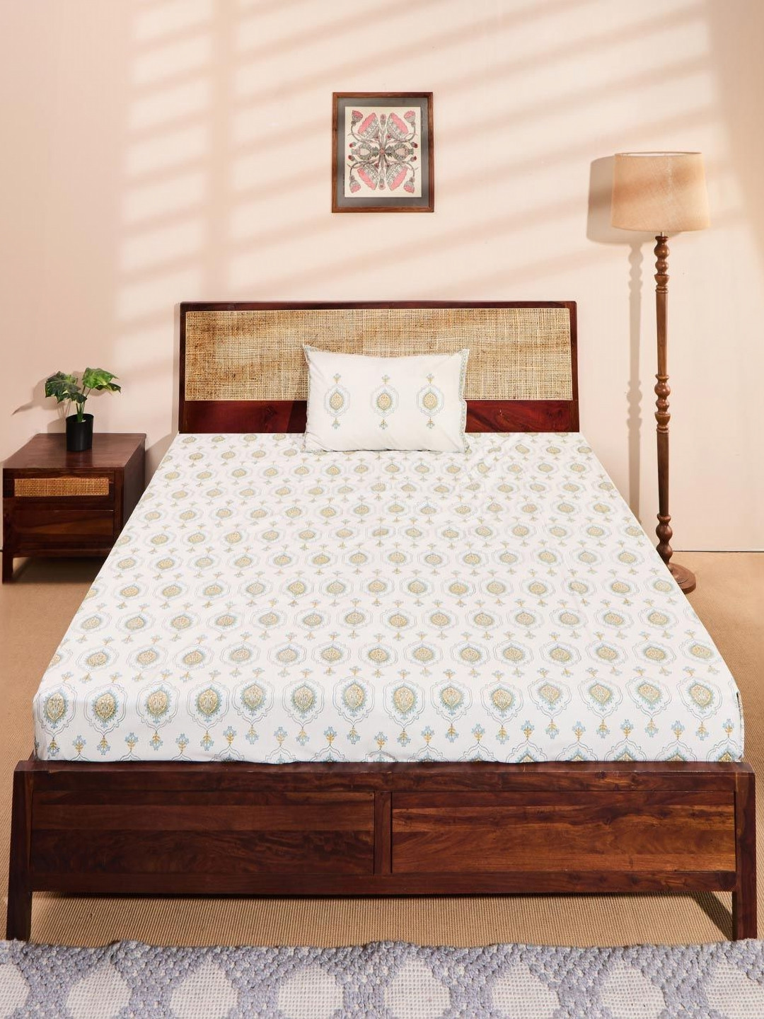 Fabindia Standalone Blue Floral Cotton 180 TC Single Fine Bedsheet with a Pillow Cover-59 x 98 inches