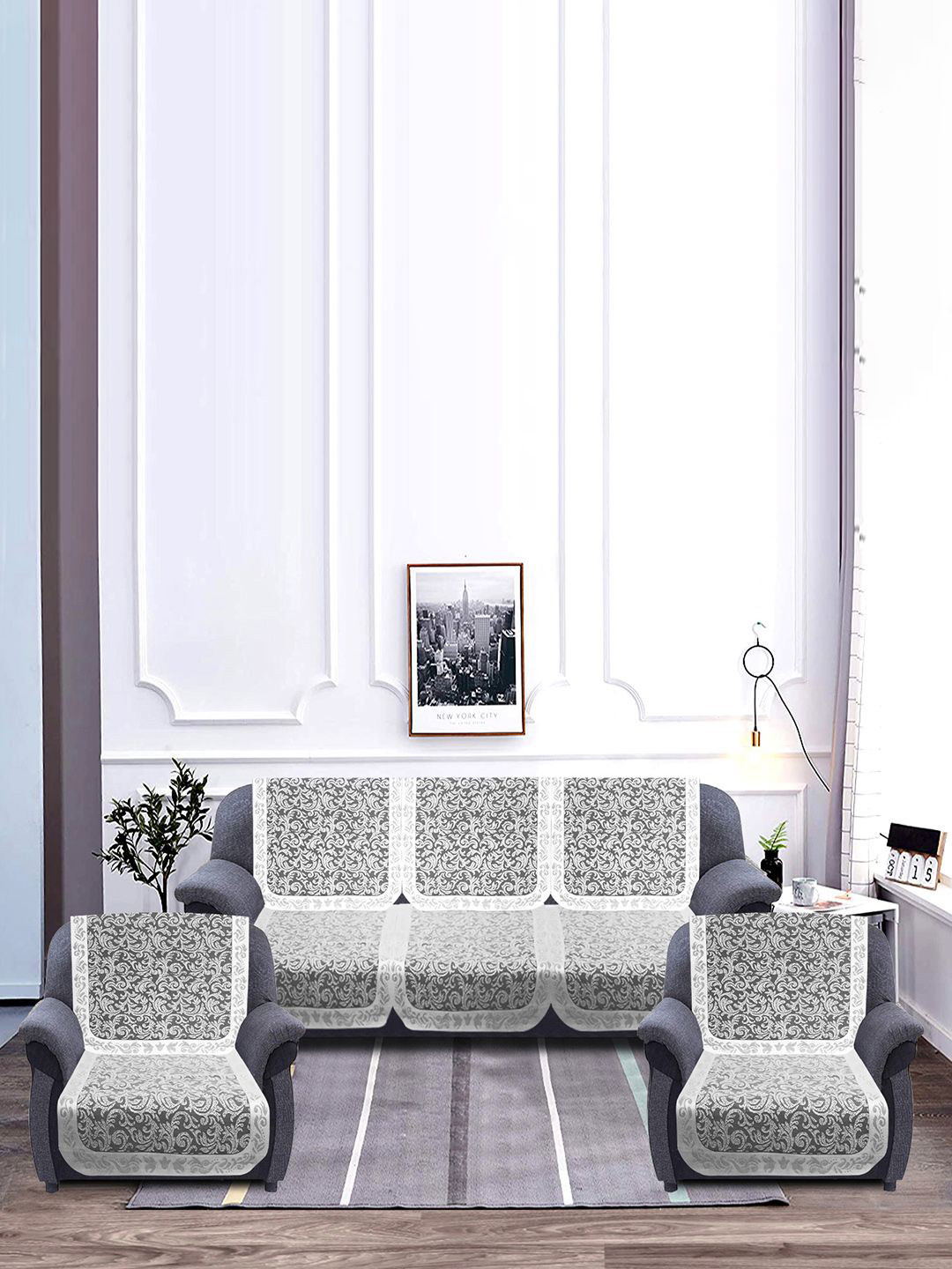 Kuber Industries White & Grey Leaf Design Printed 5 Seater Cotton 6 Piece Sofa Cover
