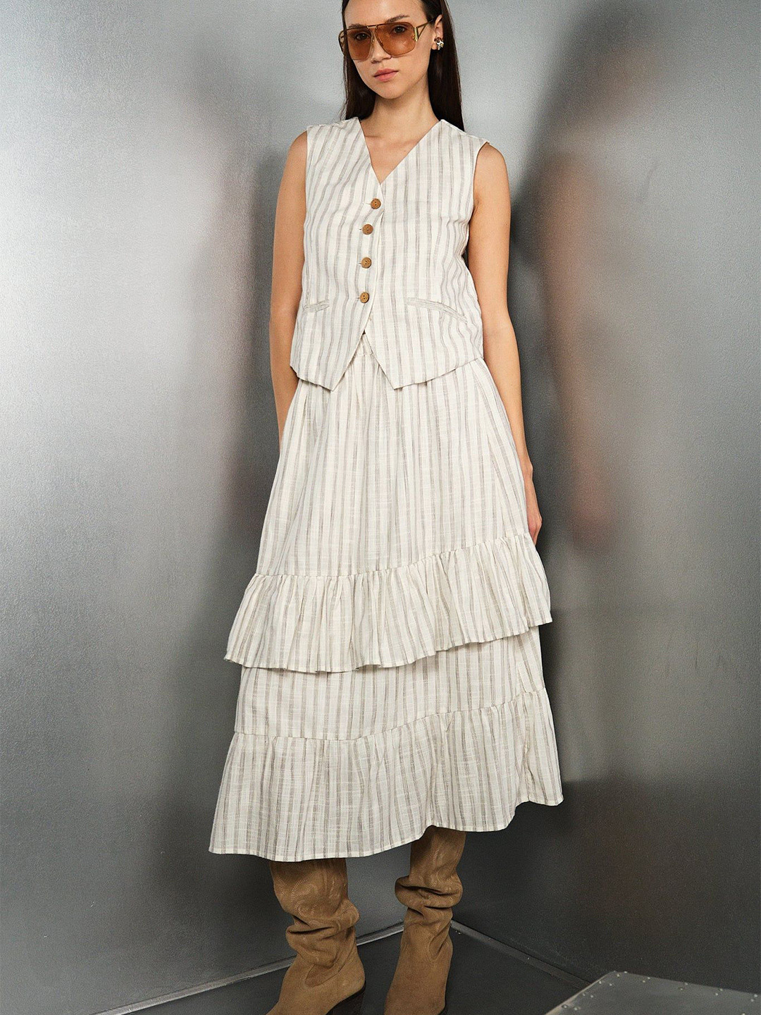 Virgio Pure Cotton Striped Tiered Skirt With Elastic Waist