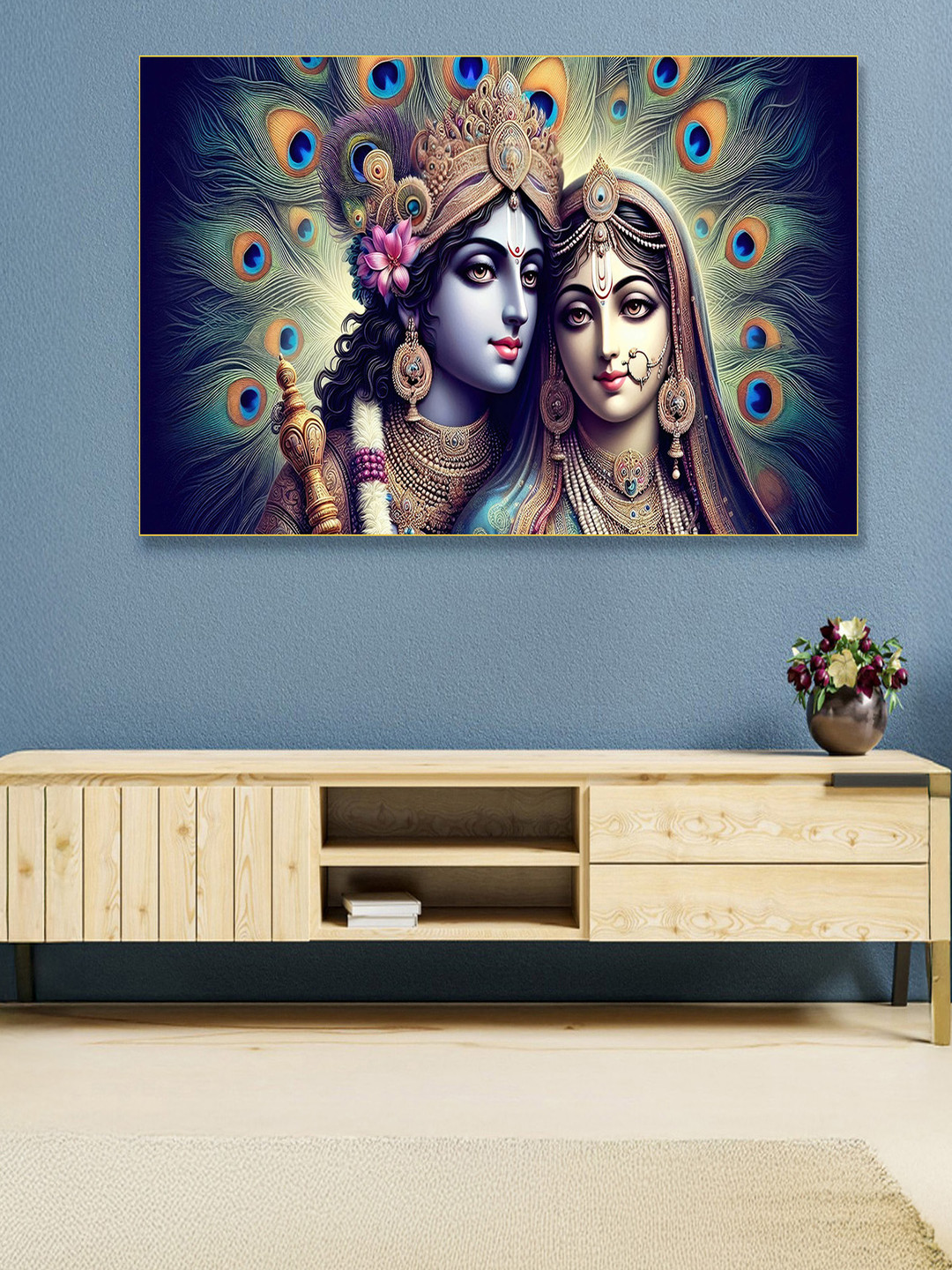 nestroots Navy Blue & Cream Colored Radhakrishna Religious Printed Canvas Wall Painting