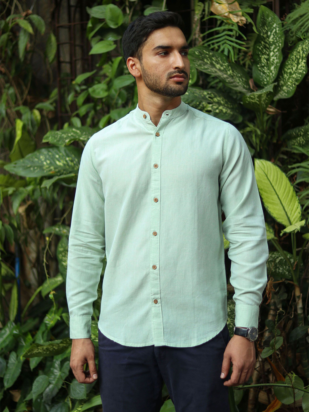 Earthy Route Band Collar Comfort Casual Shirt