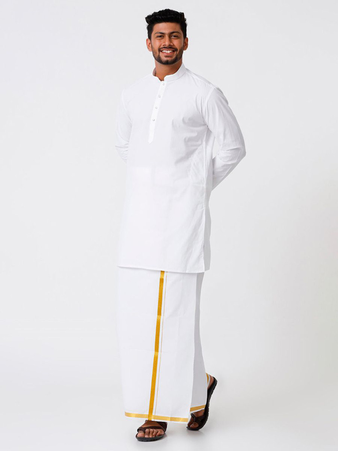RAMRAJ COTTON Men Full Sleeves Medium Length Kurta With Gold Zari Dhoti