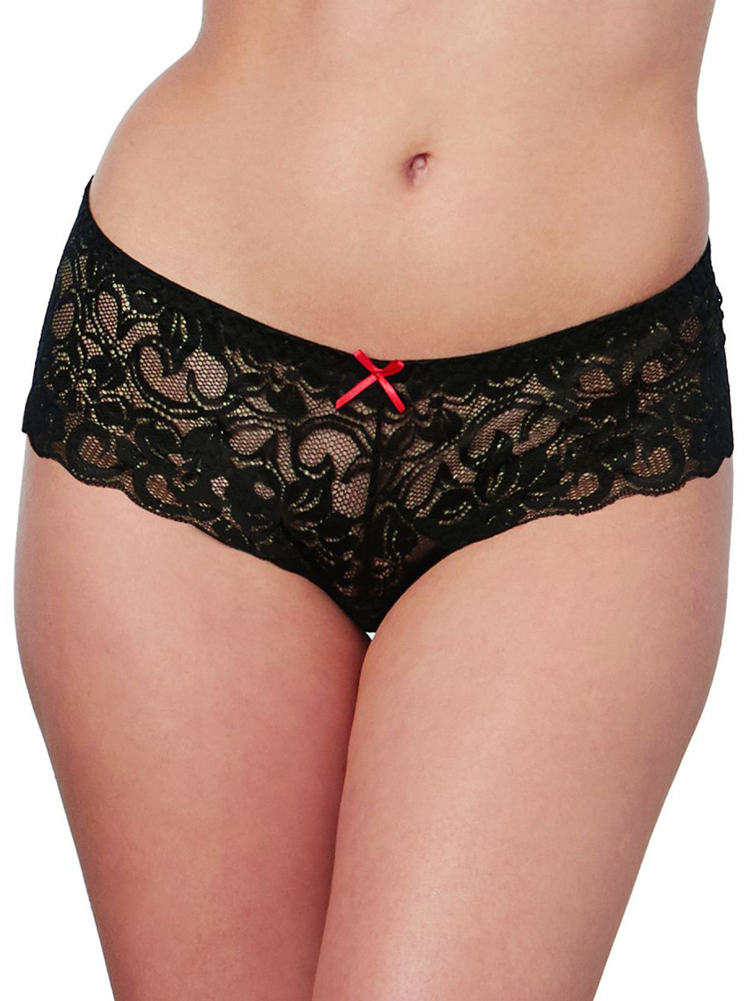 Dreamgirl Scalloped Lace Low-Rise Crotchless Boy Short With Bow-Detail 7177-BLK-S-Black