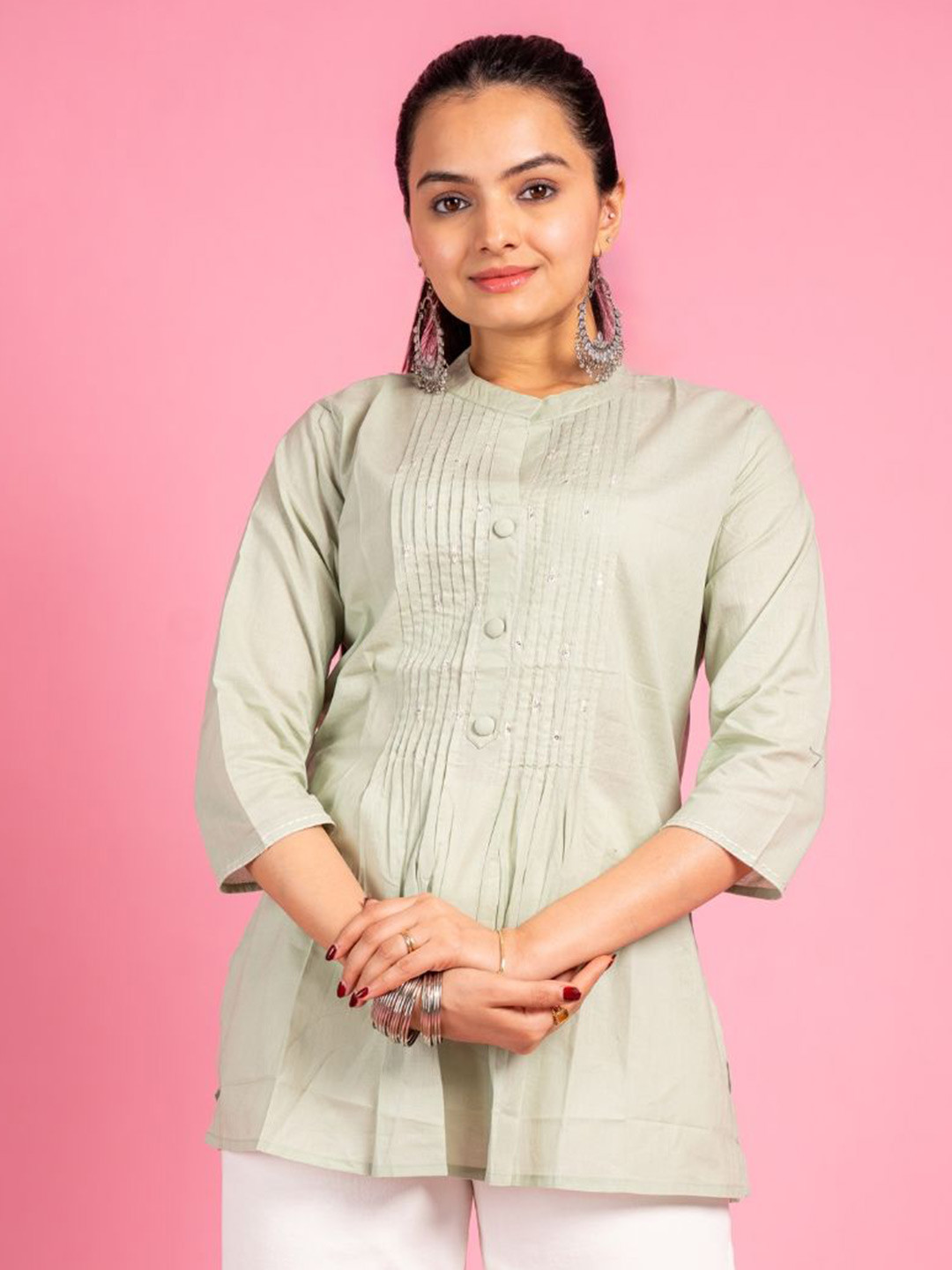 EKISHA Pin Tucks Mandarin Collar Pure Cotton Top