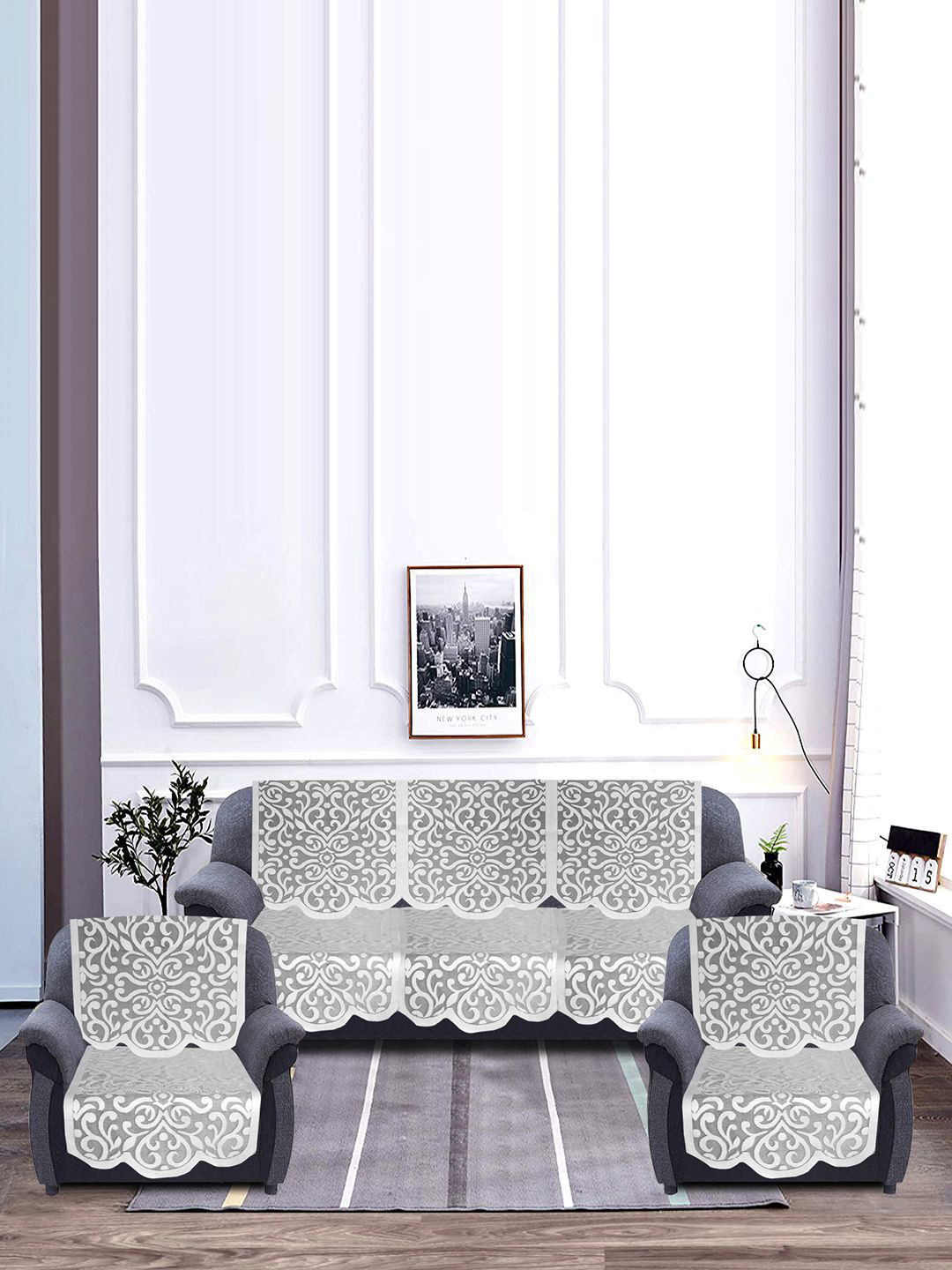 Kuber Industries White & Grey Artcam Design Printed 5 Seater Cotton 6 Piece Sofa Cover