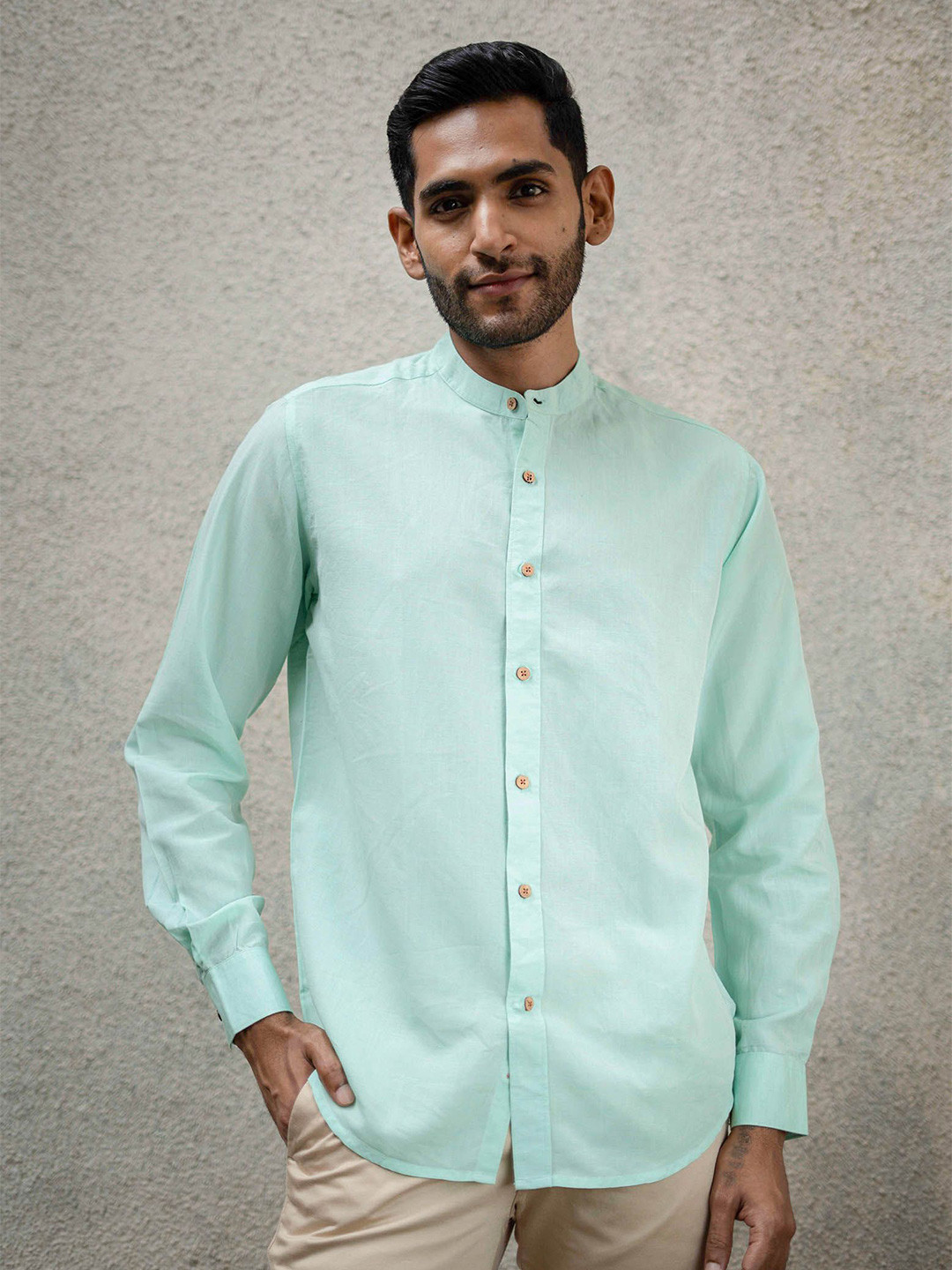 Earthy Route Band Collar Comfort Casual Shirt