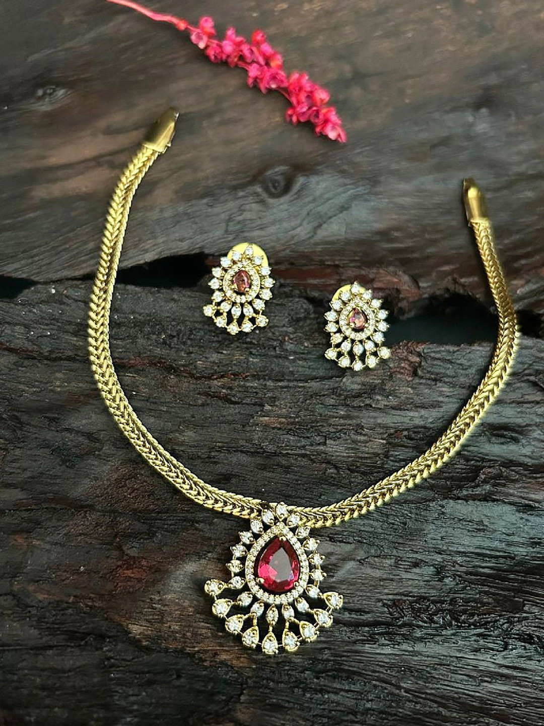 GRIIHAM Sayara Collection Gold Plated CZ Stone Studded Jewellery Set