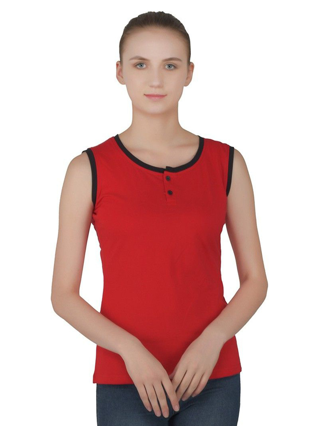 BEYOU FASHION Women Solid Henley Neck Sleeveless Slim Fit T-shirt