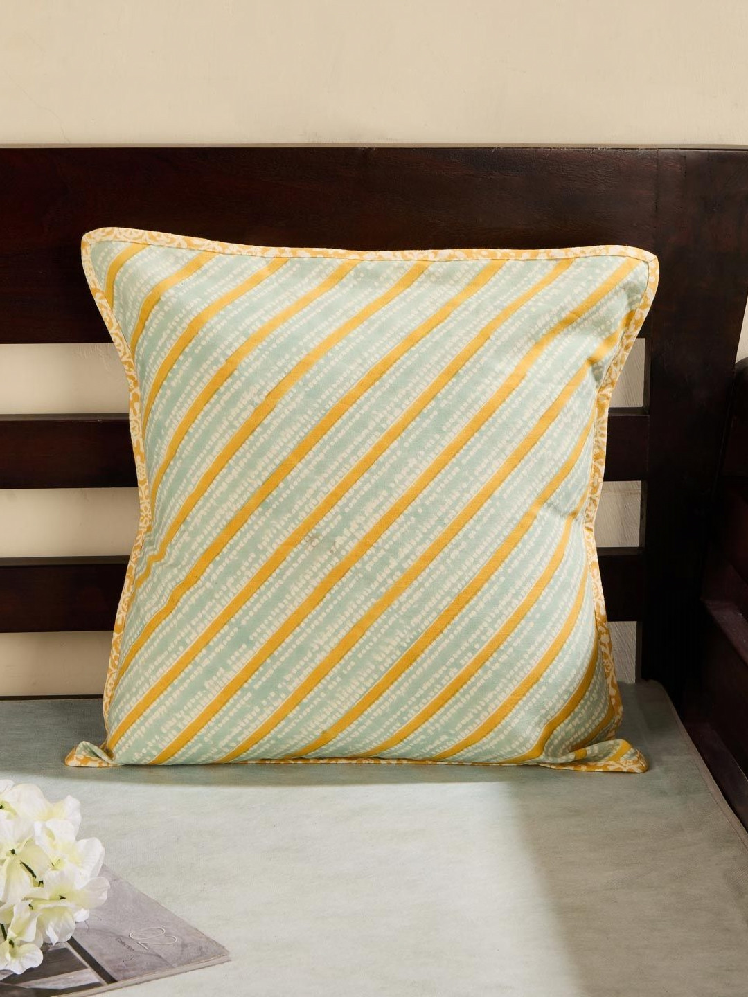 Fabindia Blue Striped Cotton Lightweight Textured Cushion Cover - 15.7 x 15.7 Inches