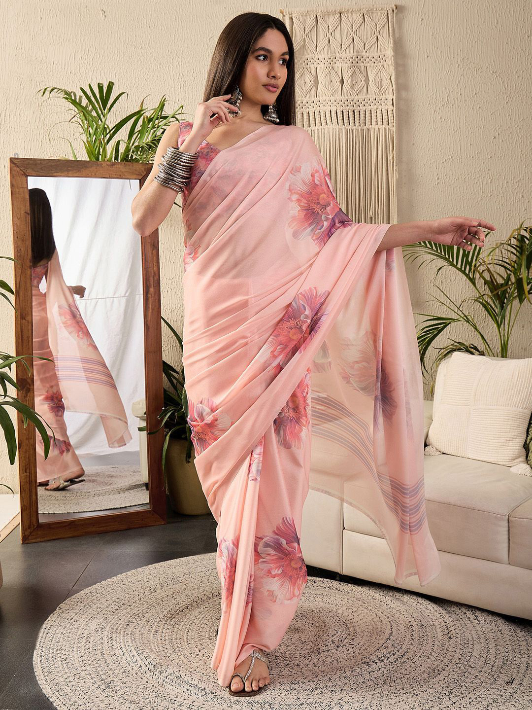Saree mall Floral Poly Georgette Block Print Sarees