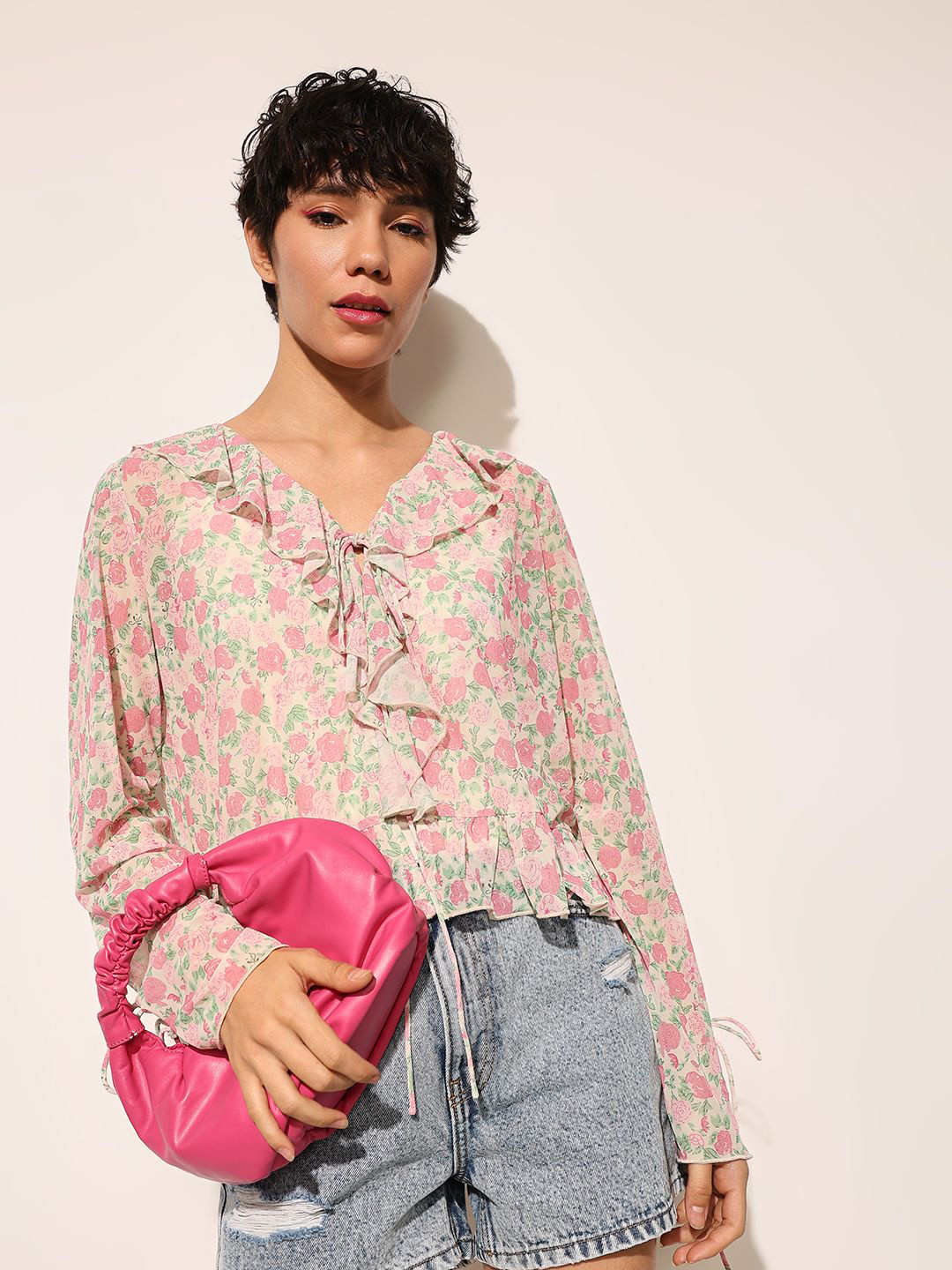 ONLY Floral Print Net Blouson Crop Top