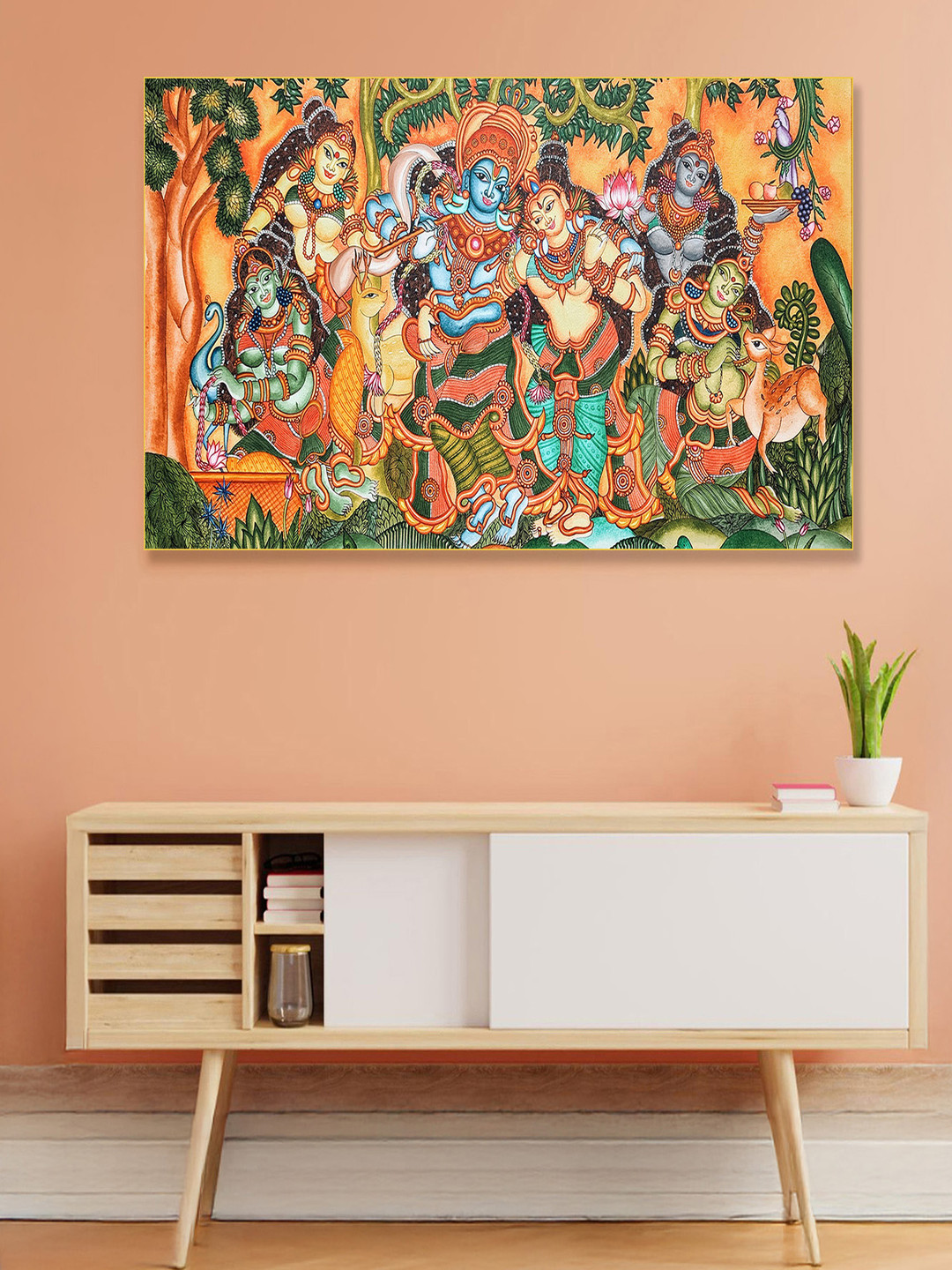 nestroots Brown & Green Radha Krishna Religious Canvas Painting Wall Art