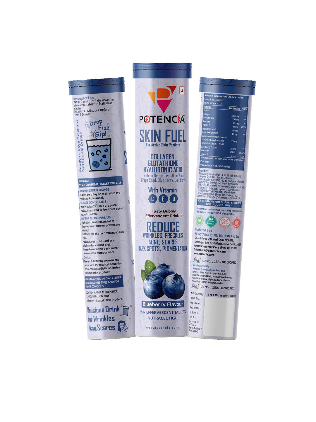 POTENCIA Skin Fuel Effervescent Tablet With Collagen & Glutathione - Blueberry - 15 Tab