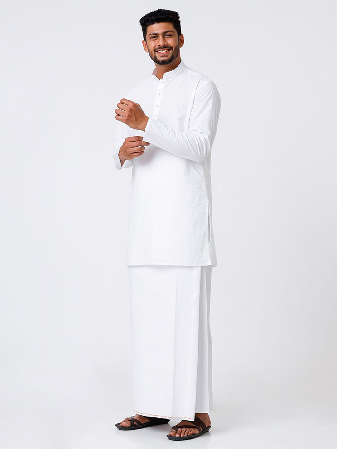 RAMRAJ Mens White Full Sleeves Cotton Kurta with Stitched Prayer Dhoti Combo