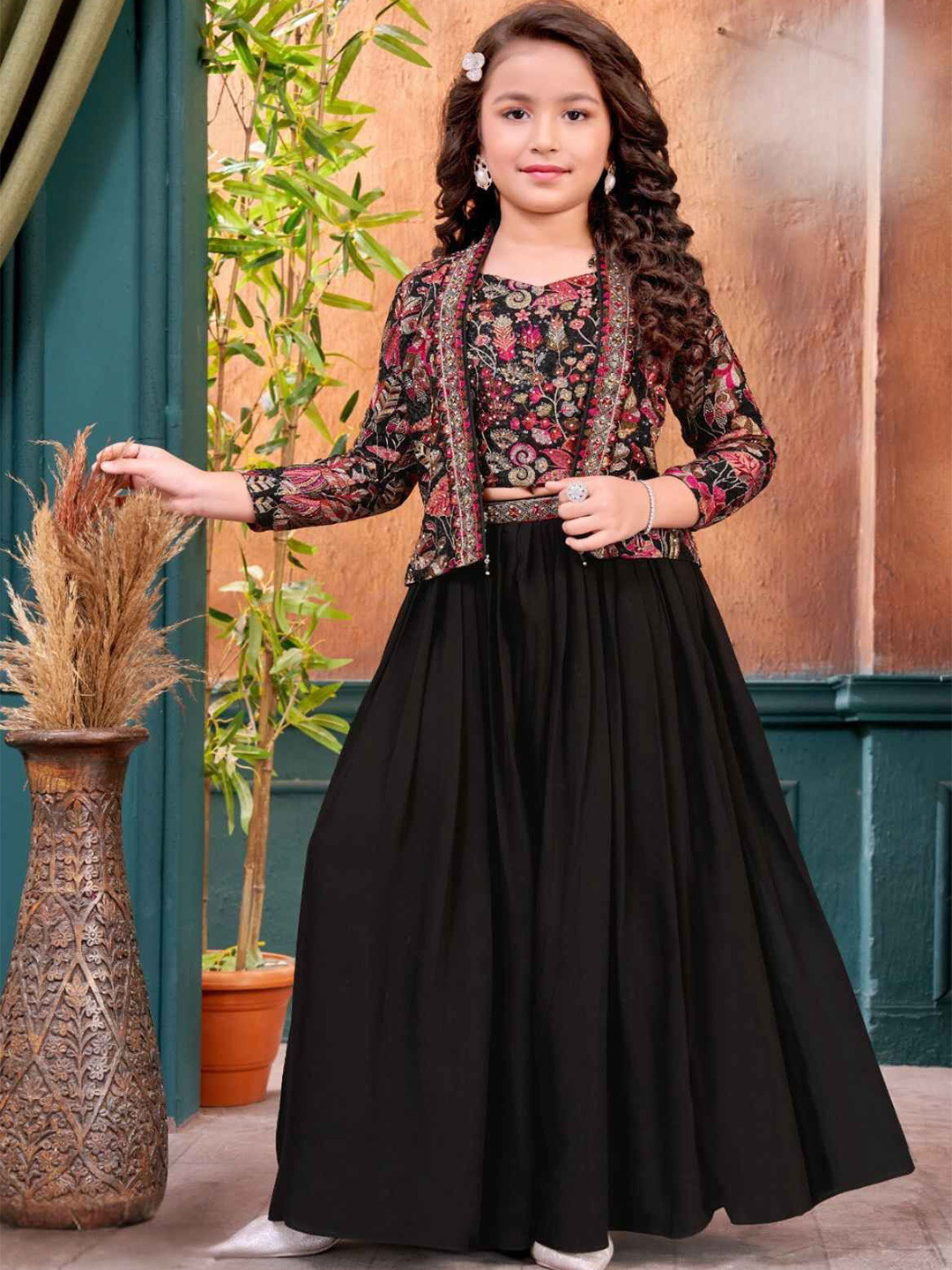 Lagorii Girls Embellished Embroidered Georgette Fit & Flare Palazzo Set