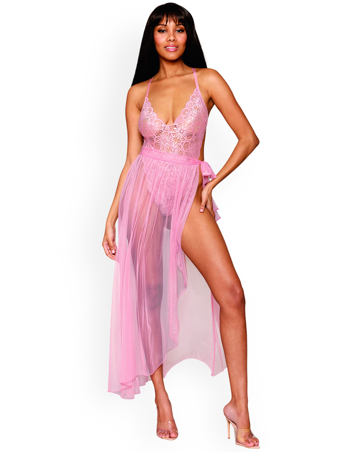 Dreamgirl Criss-Cross Straps Lace Teddy With Matching Sheer Wraparound Skirt