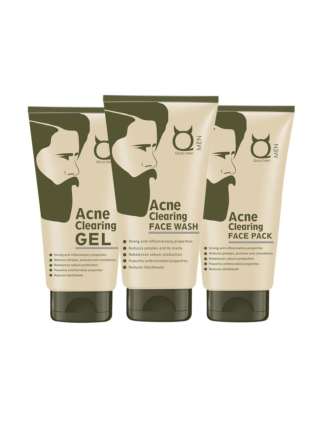 Qraa Men Set Of 3 Acne Clearing Face Wash, Face Pack & Gel - 100 g Each