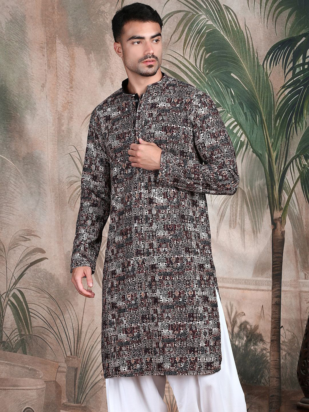 Sangria Chic Geometric Pattern Chikankari Kurta With Sequin