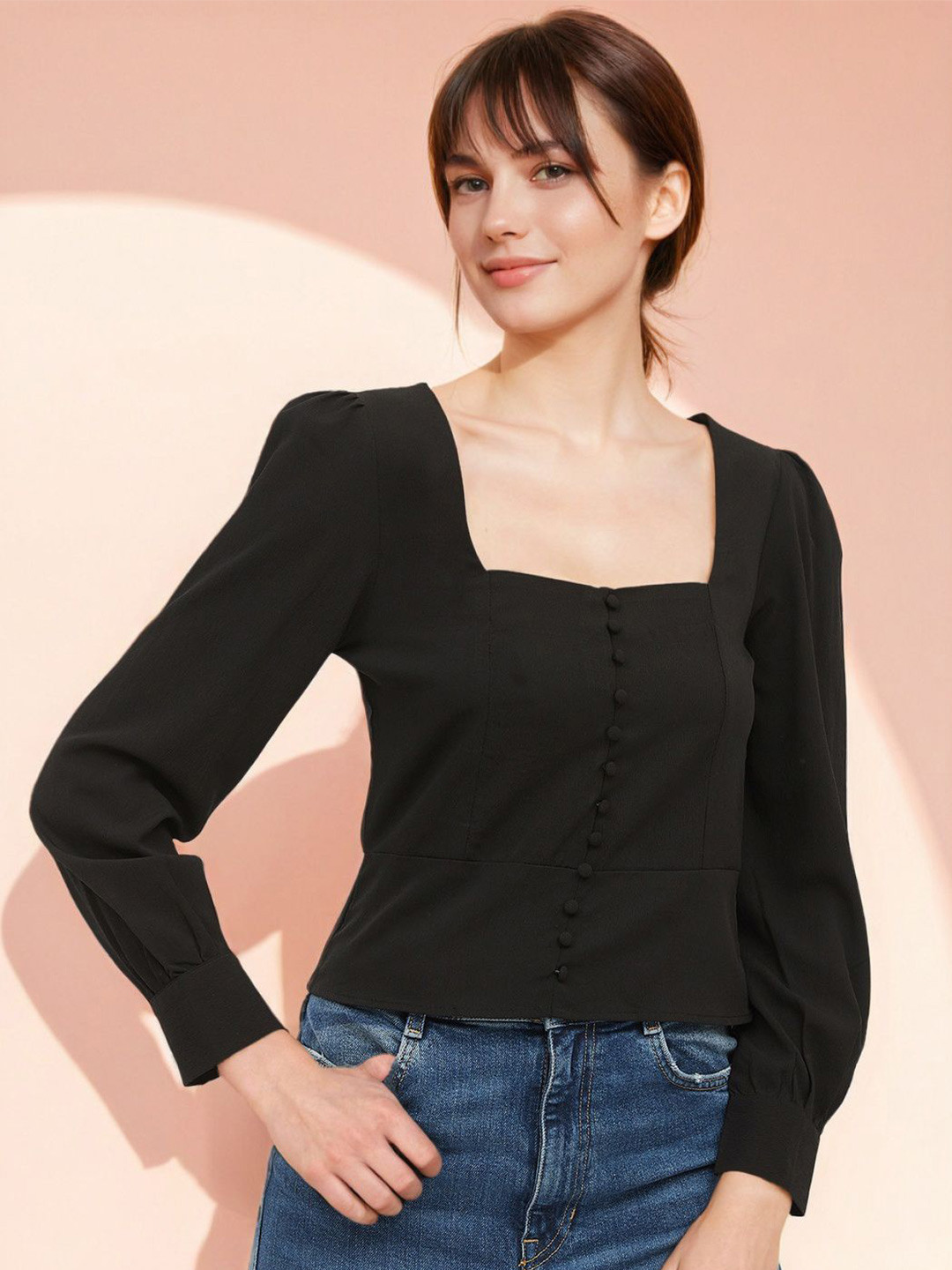 Stylecast X Slyck Solid Pattern Square Neck Puff Sleeves Top