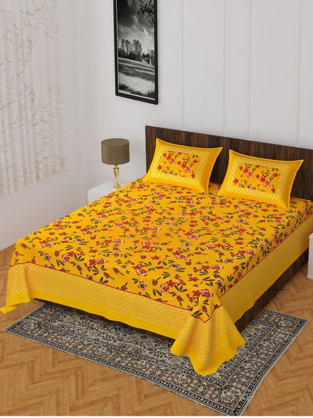 Cosito Yellow Floral Cotton 144 TC Queen Bedsheet with 2 Pillow Covers-93 x 83 inches