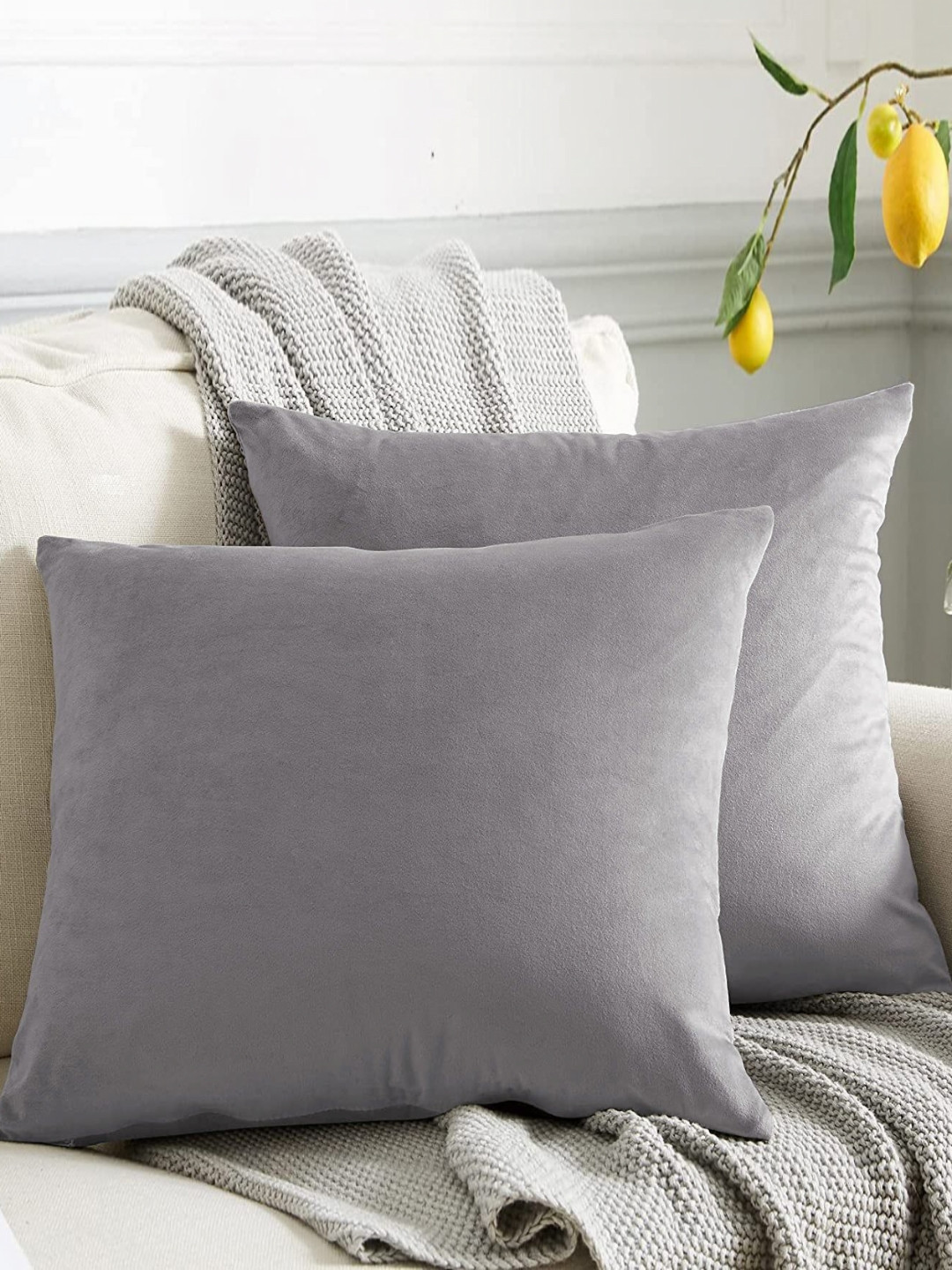 CASABLEU Silver Velvet Durable 2 Piece Square Cushion Covers -16x16In