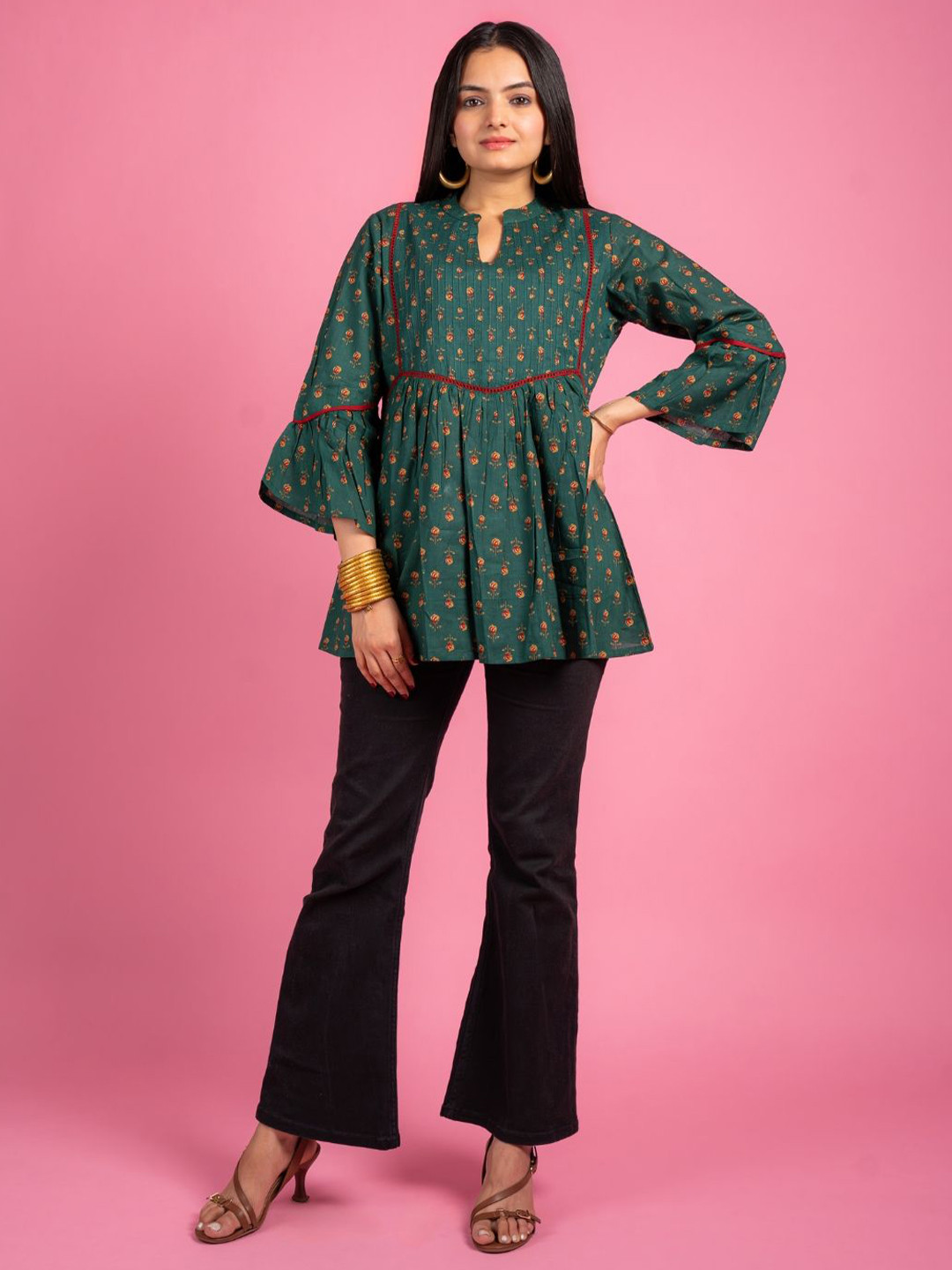 EKISHA Floral Print Pin Tucks Mandarin Collar Bell Sleeves Pure Cotton Top