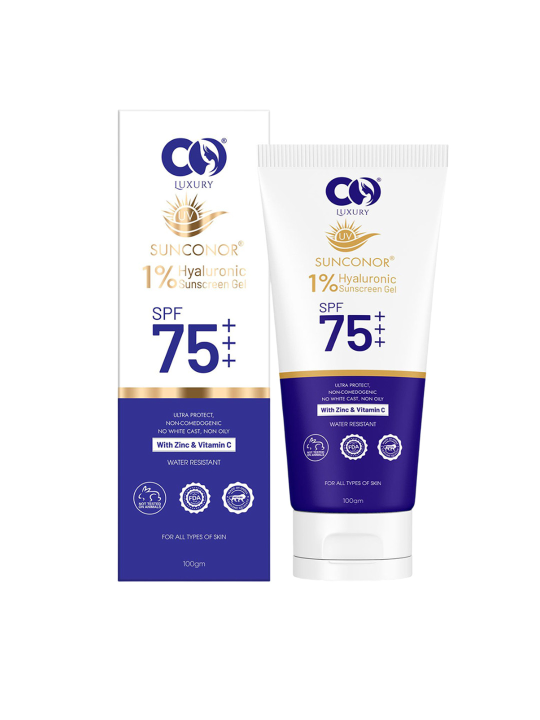 CO LUXURY Sunconer 1% Hyaluronic With Zinc & Vitamin C Sunscreen Gel With SPF 75 +++ 100 g