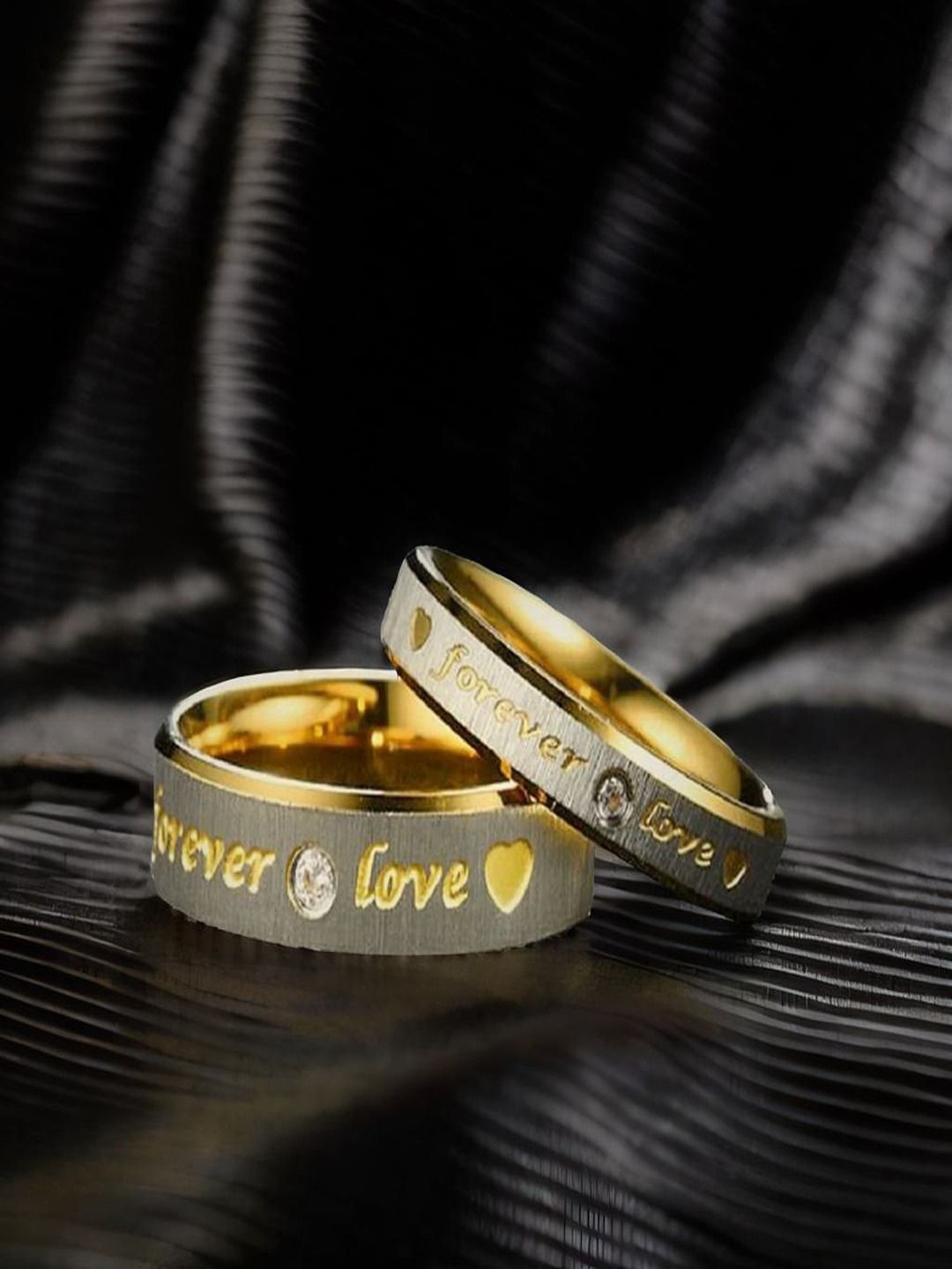 DIVASTRI Set Of 2 Gold-Plated Cubic Zirconia Studded Forever Love Couple Rings