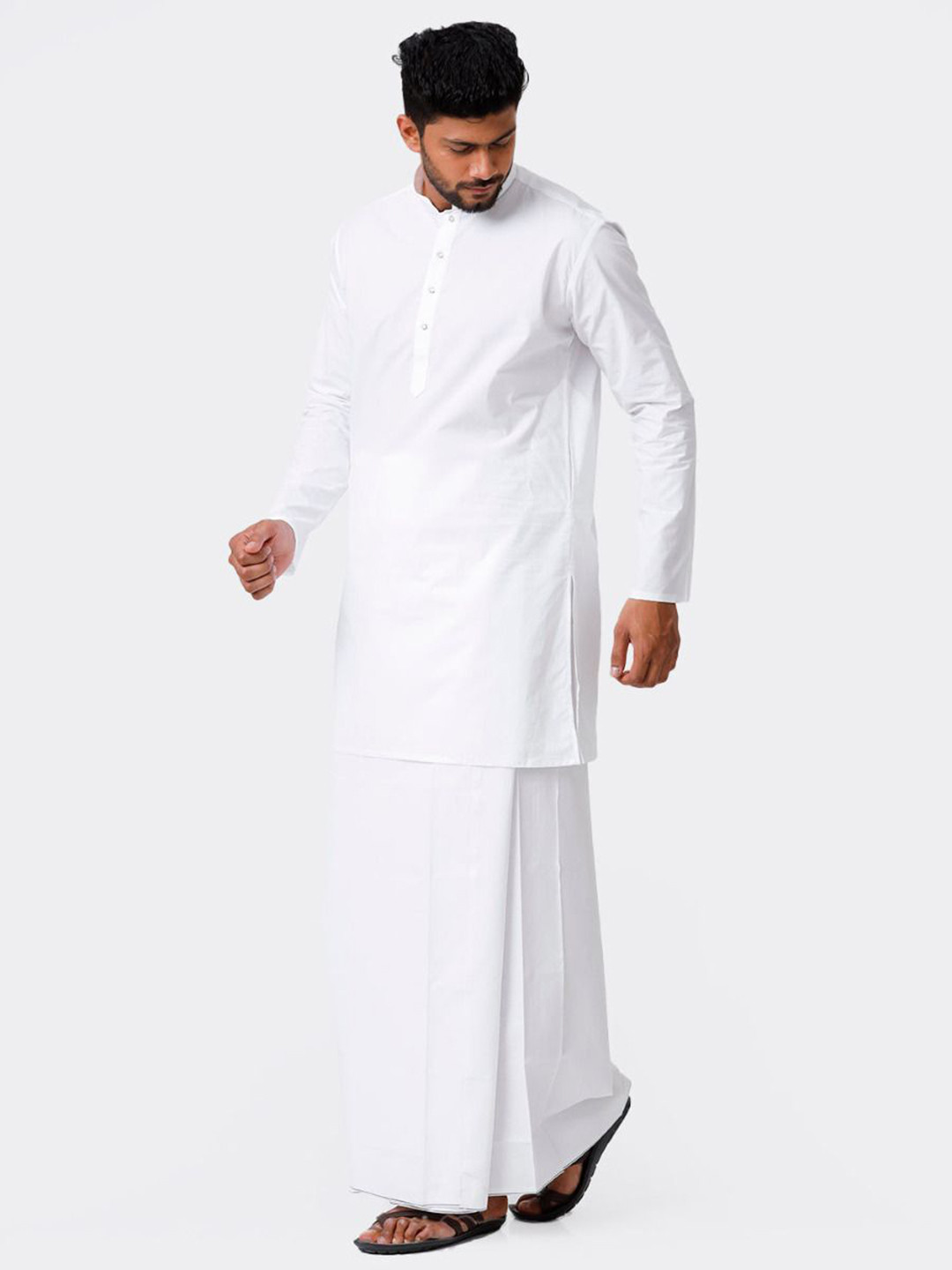 RAMRAJ COTTON Mens White Cotton Full Sleeve Medium Kurta Top with Stitched Dhoti Combo