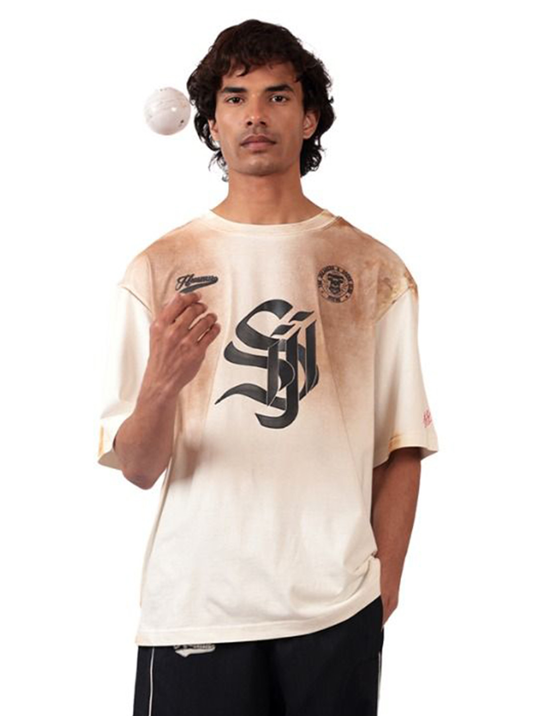 HUEMN Shreyas Iyer Si Monogram Handpainted Mud-Washed Surface T-Shirt