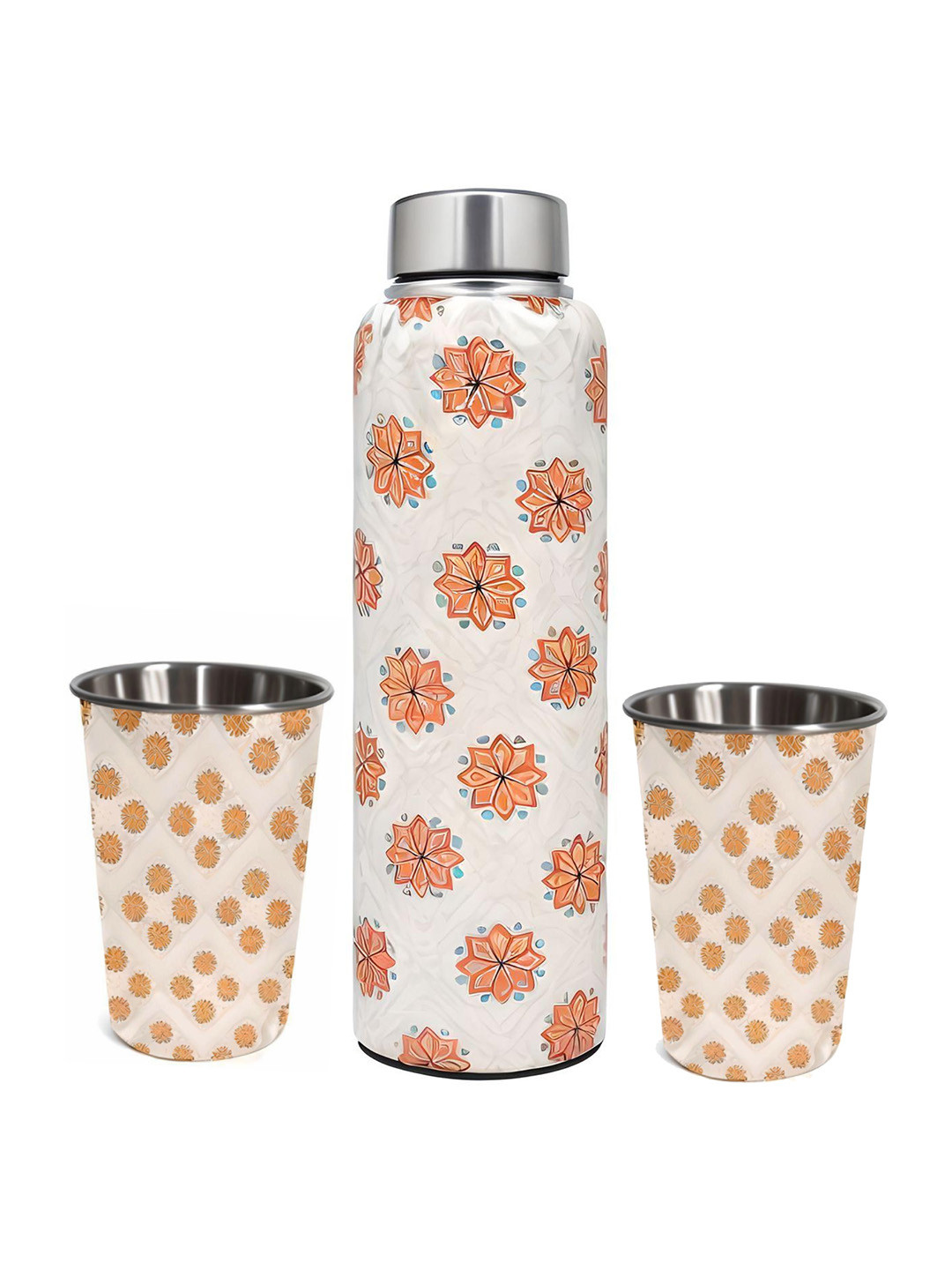 LA' FORTE Orange Floral Stainless Steel Single Wall Vacuum Water Bottle