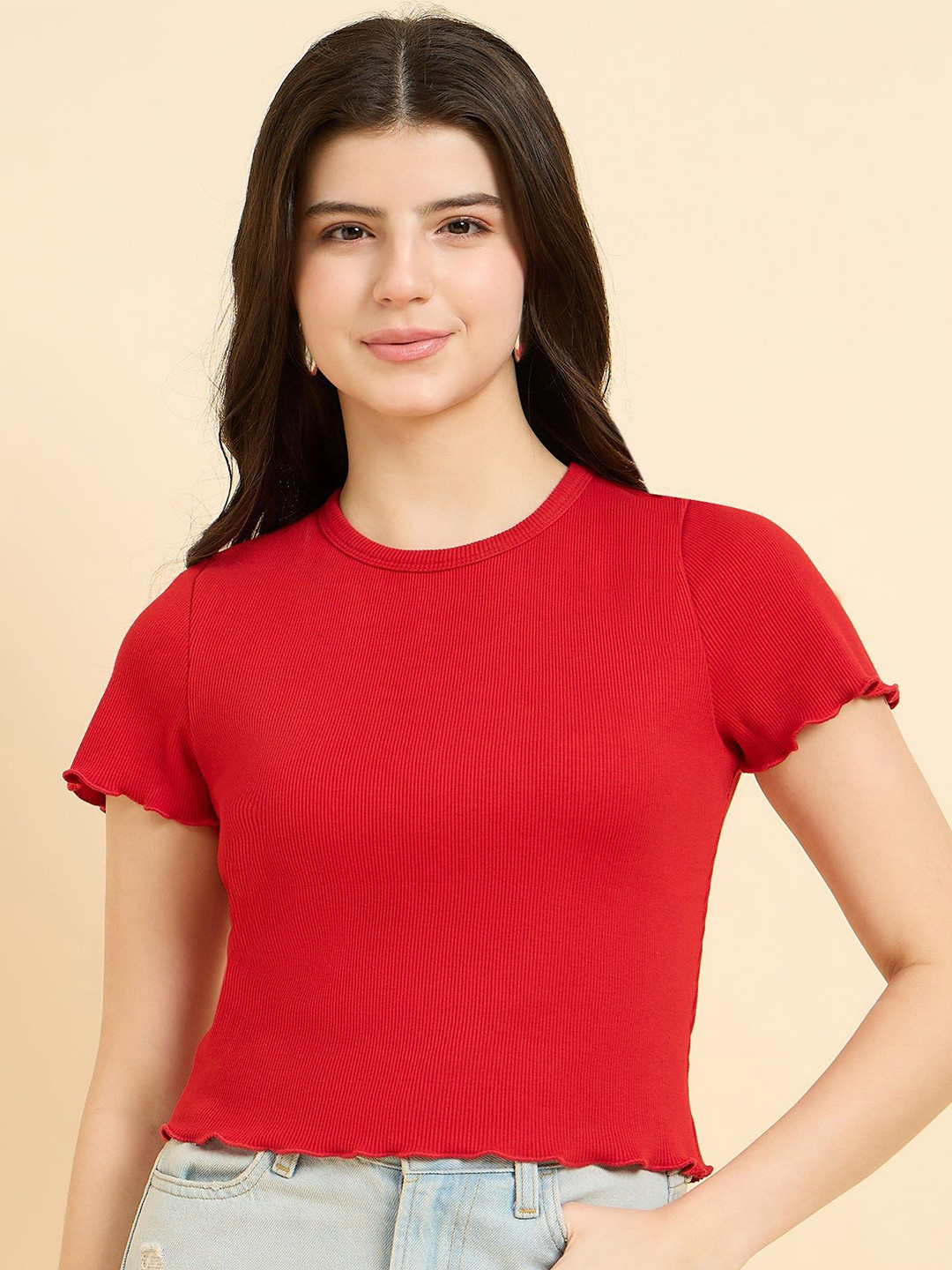 Outzidr Women Scallop Hem Ribbed Top