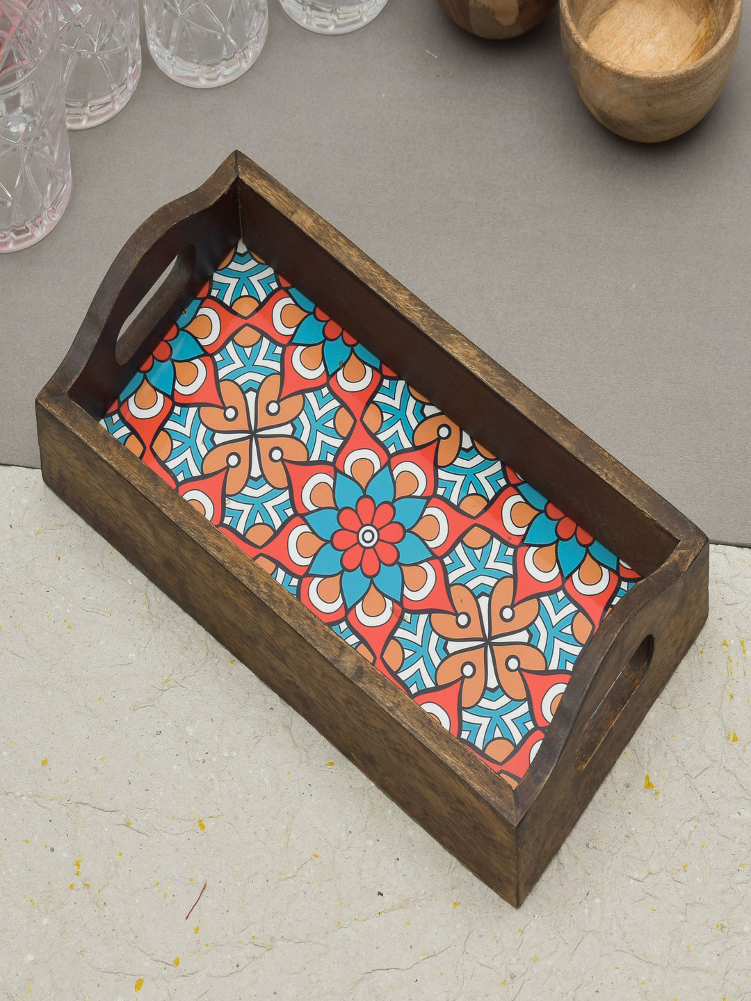 oggn Blue & Brown Floral Printed Wooden Serving Tray