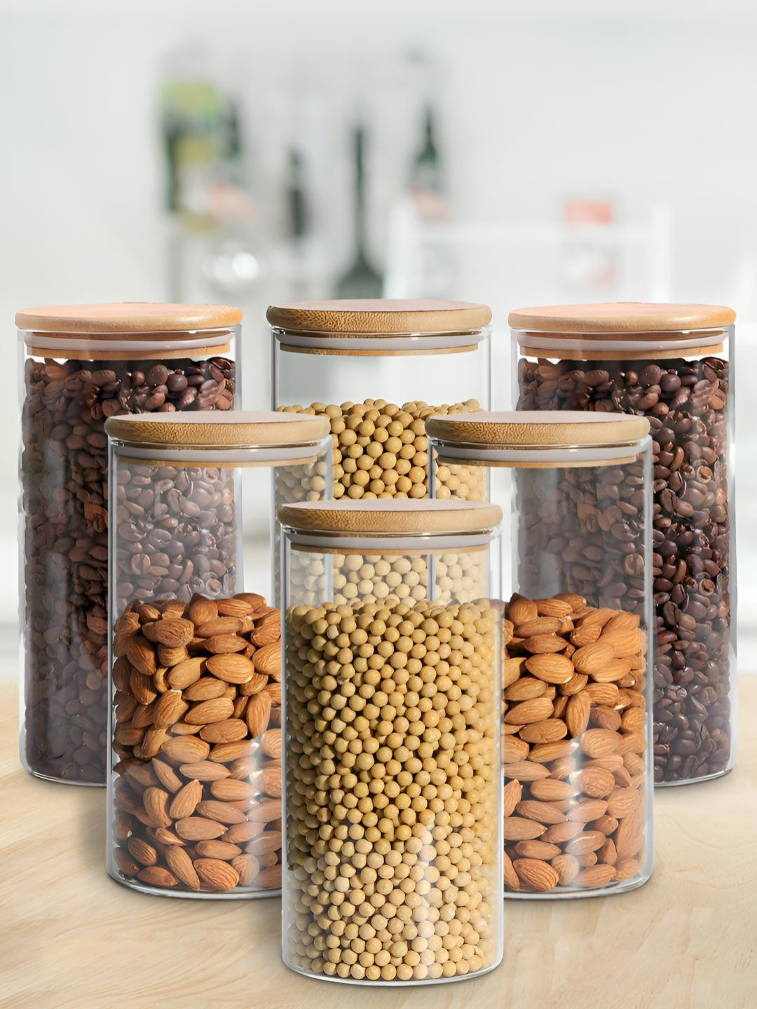 Allo Set of 6 Round Borosilicate Airtight Glass Storage Jar with Wooden Lid 1000ML