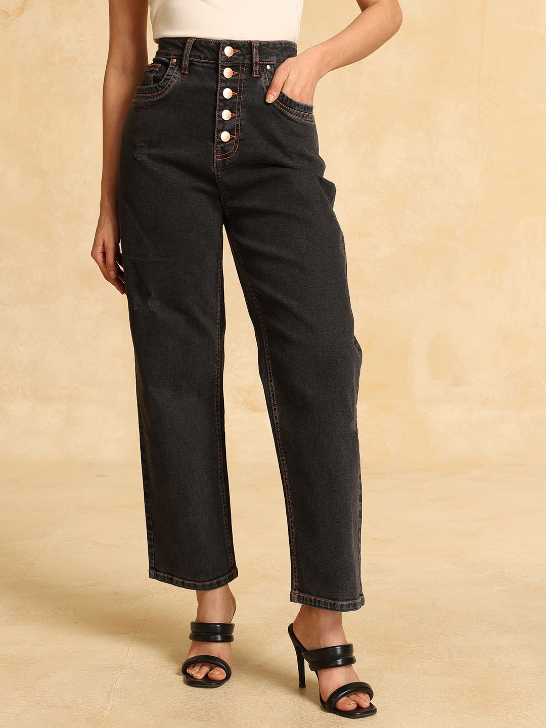 Kazo Women Straight Fit High-Rise Stretchable Jeans