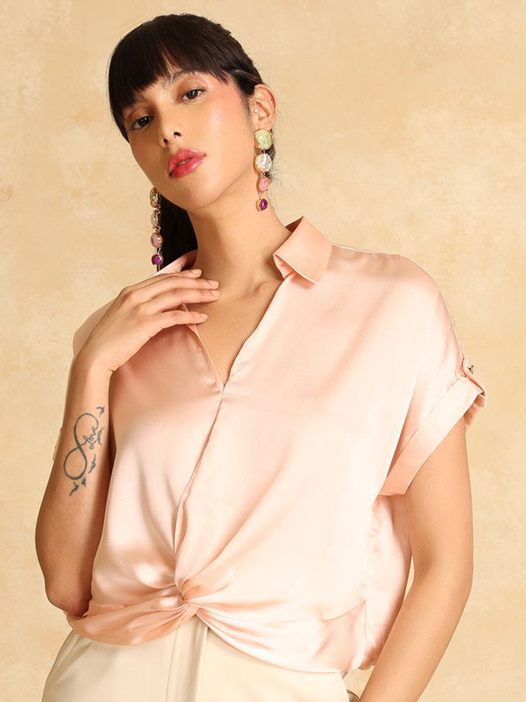 Kazo Jasmine Blouse Shirt Collar Extended Sleeves Twisted Satin Top