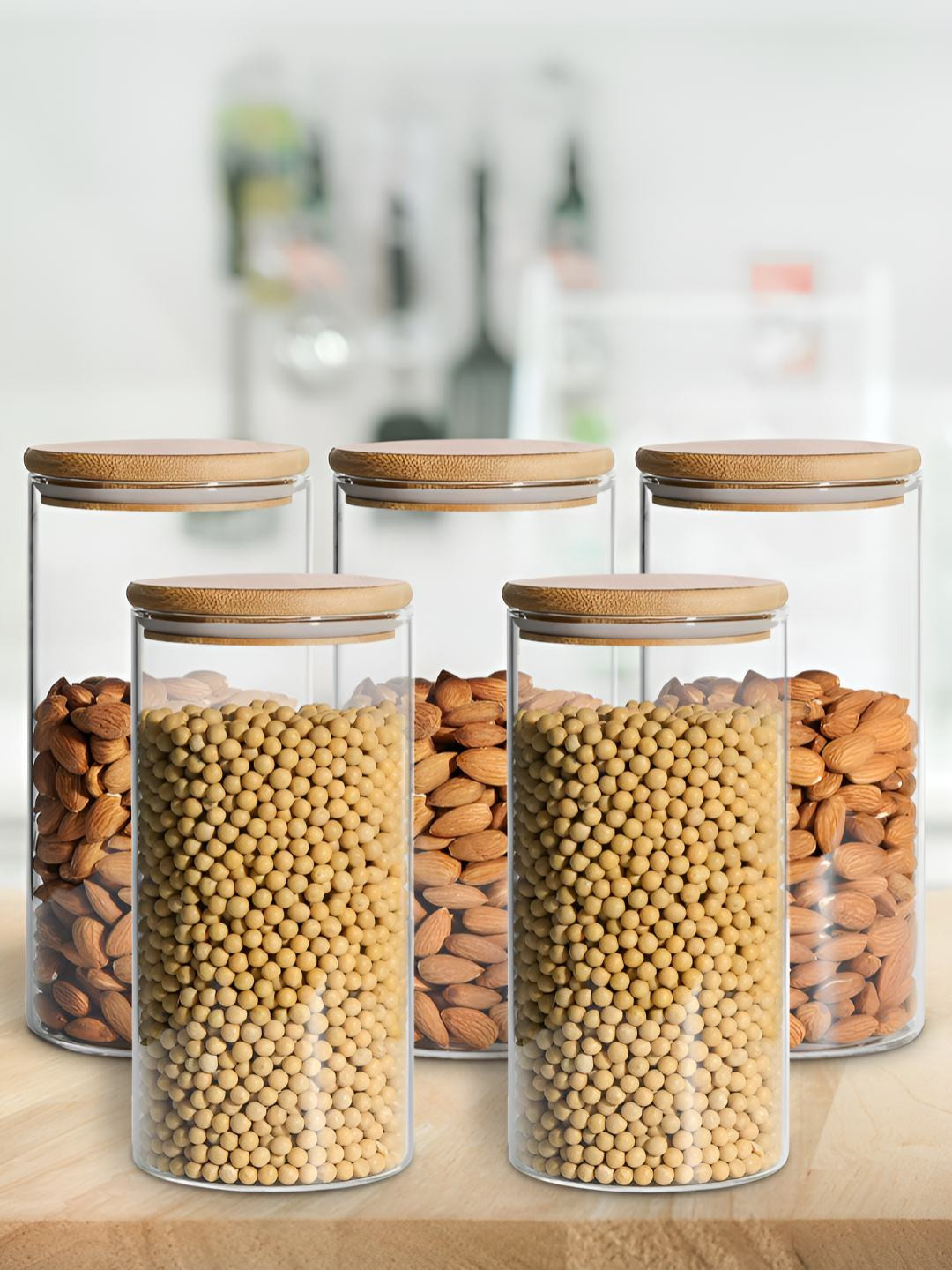 Allo Set of 5 Round Borosilicate Airtight Glass Storage Jar with Wooden Lid 1000ML