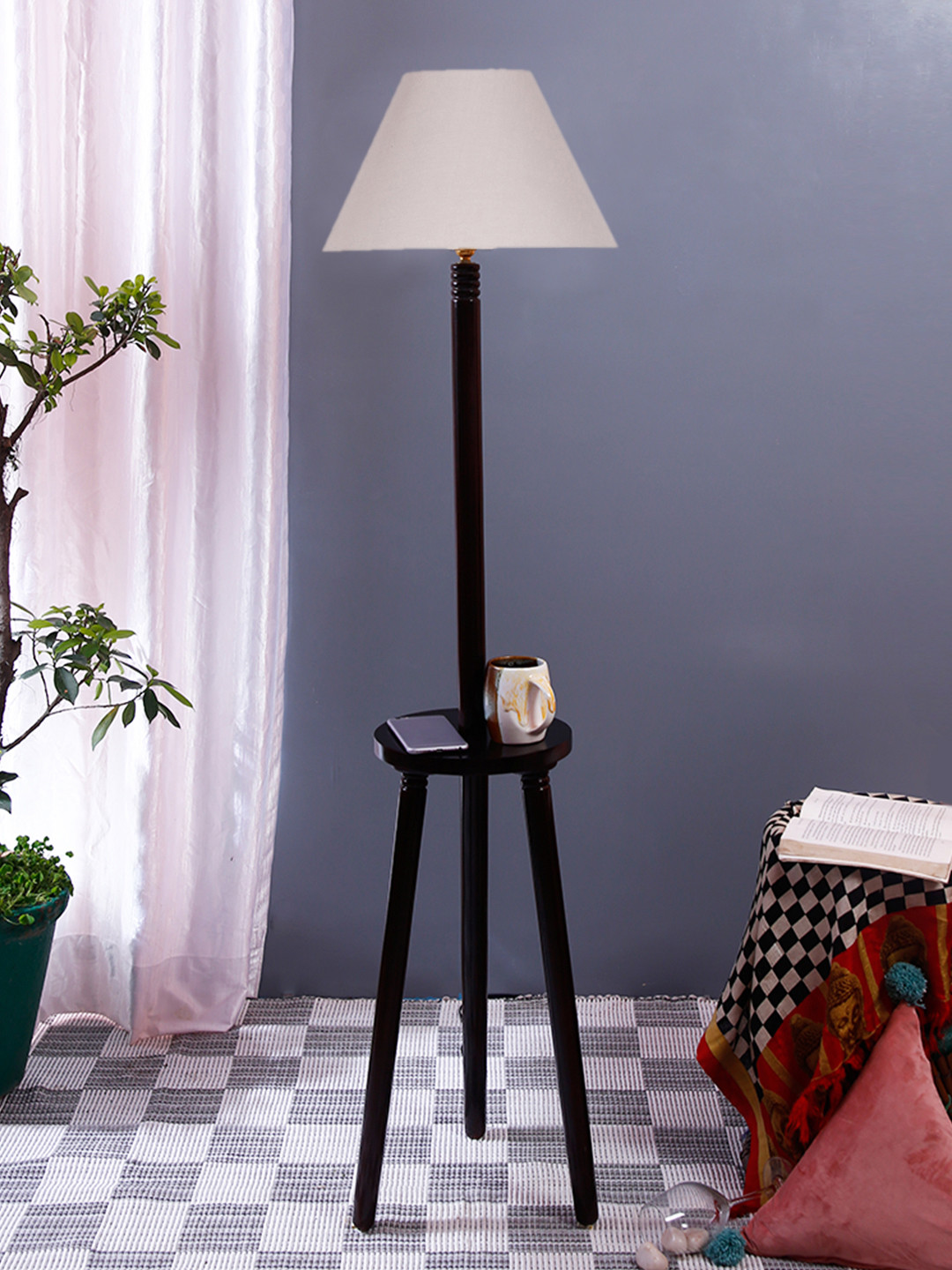 Devansh Brown & Grey Frustrum Shaped Wooden Floor Lamp With Shelf
