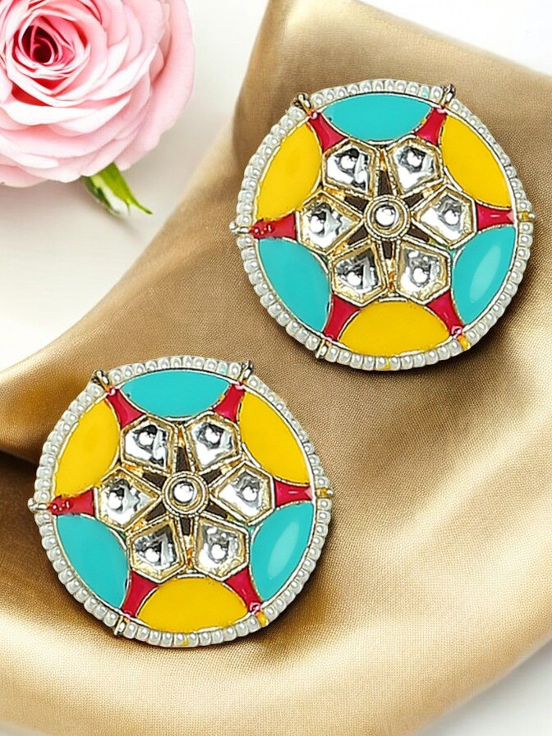 OOMPH Kundan Studded And Beaded Meenakari Circular Shaped Studs