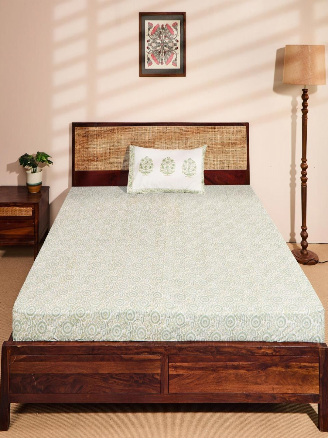 Fabindia Standalone Green Floral Cotton 180 TC Single Fine Bedsheet with a Pillow Cover-59 x 98 inches