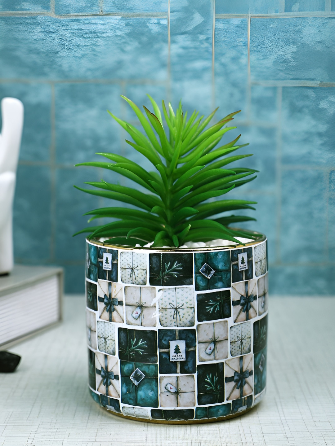 TAYHAA Grey Melange 1 Pieces Fern Artificial Plant With Pot