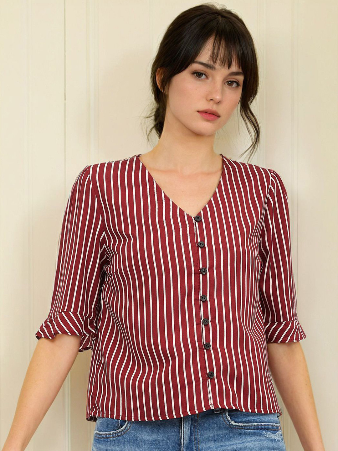 Stylecast X Slyck Stripes Pattern V-Neck Top