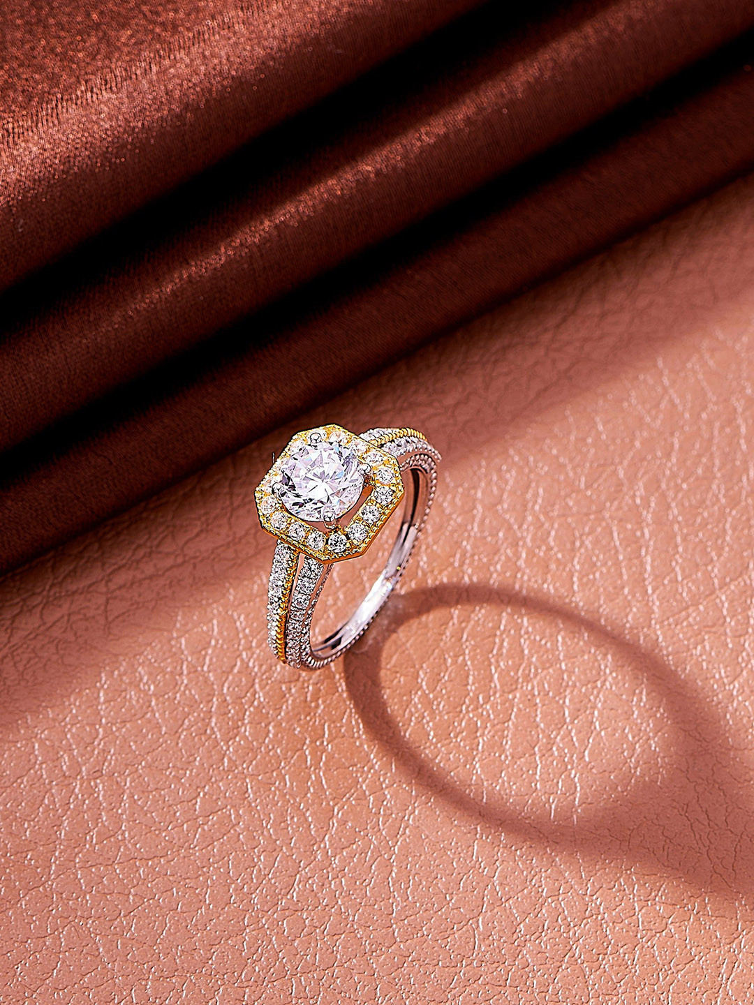 Nipura 925 Sterling Silver Rhodium-Plated CZ Studded Golden Box Solitaire Finger Ring