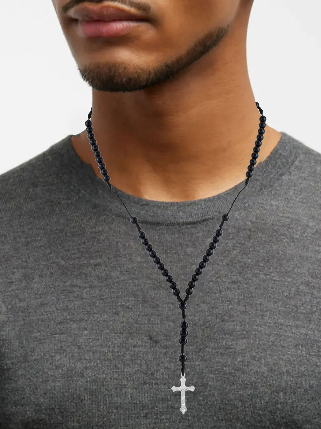 MEMOIR Men Onyx Christian Rosary Prayer Necklace