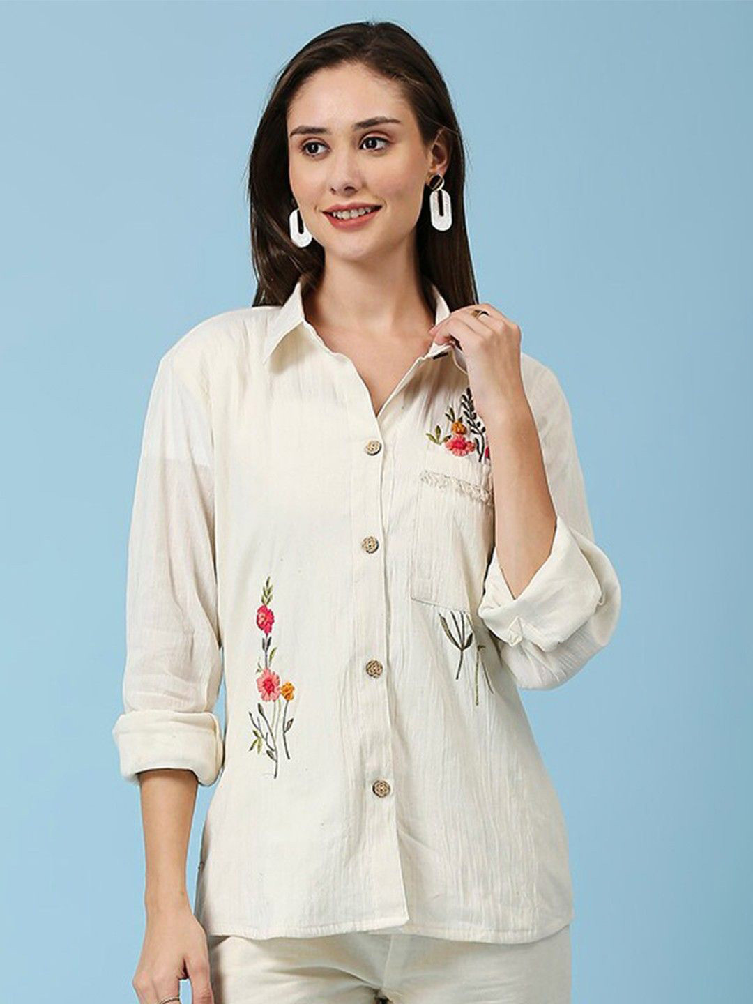 Hitarth Fashion Women Organic Cotton Embroidered One Pocket Shirt Collar Tunic